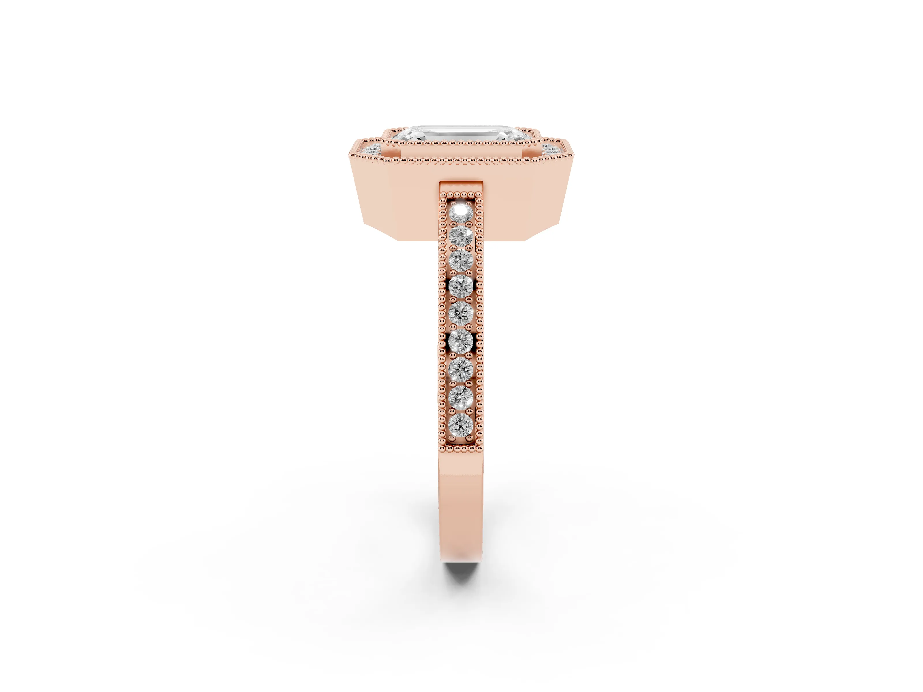 Emerald Cut Diamond Halo Ring Set in Rose gold with Pavé Band and Milgrain-Edged Prongs