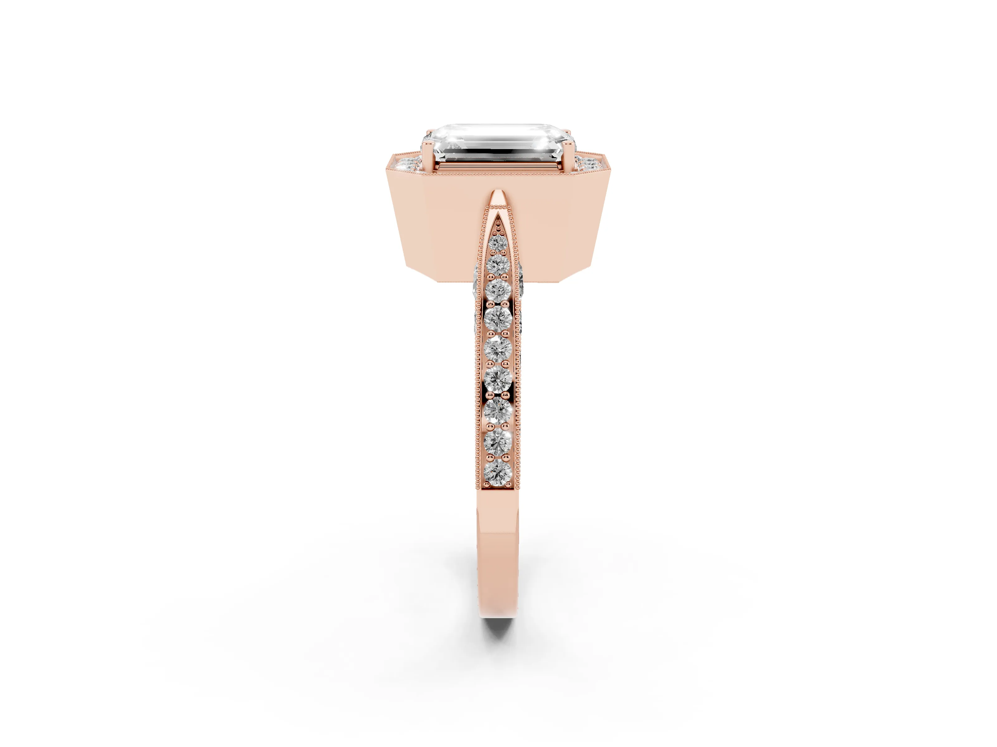 Emerald Cut Diamond Halo Engagement Ring Set in Rose gold with Accent Split Shank Band
