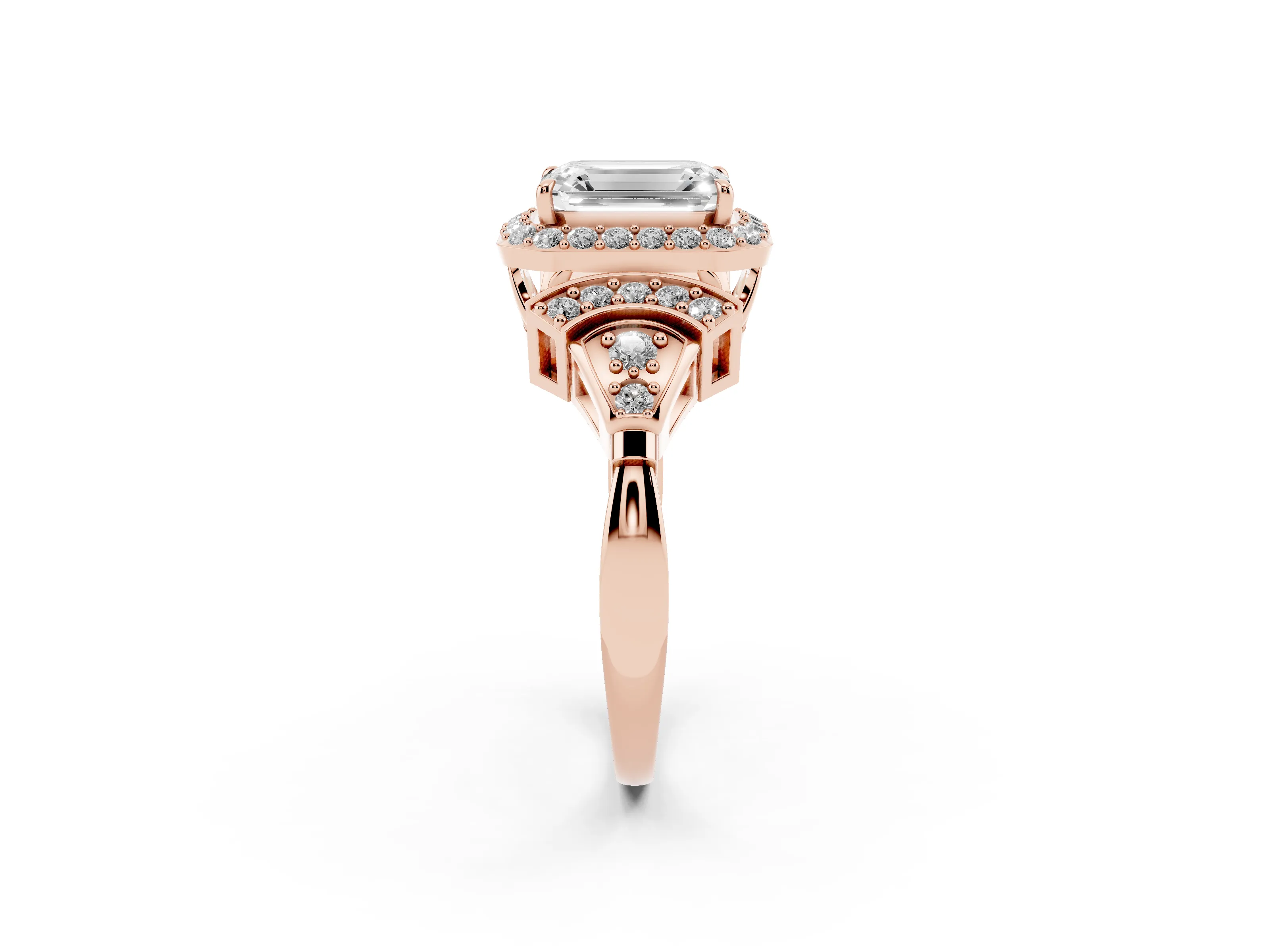 Emerald Cut Diamond Halo Engagement Ring Set in Rose gold with Accent Stone Split Shank