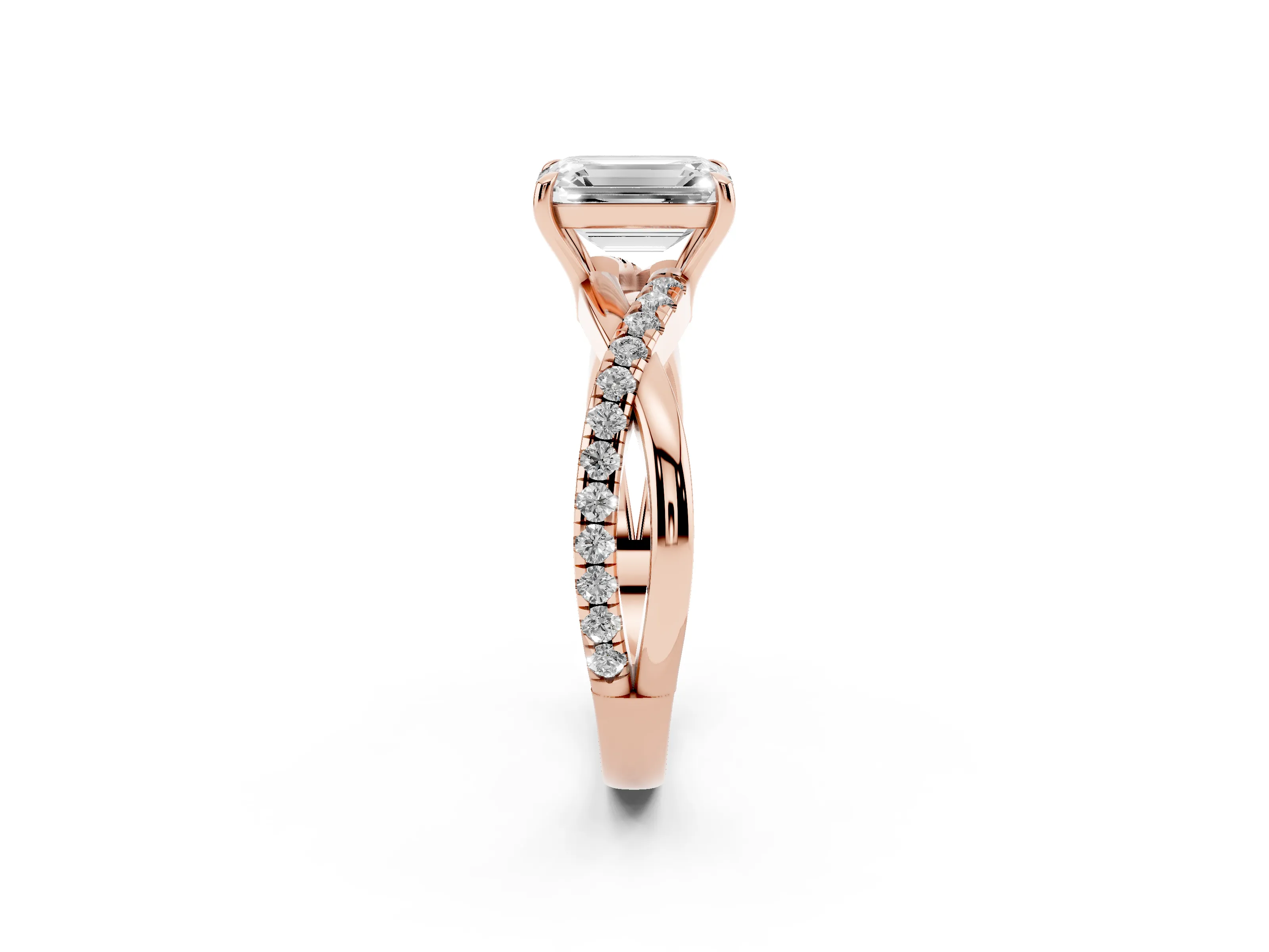 Emerald Cut Diamond Twisted Pavé Band Ring Set in Rose gold with Prong Setting