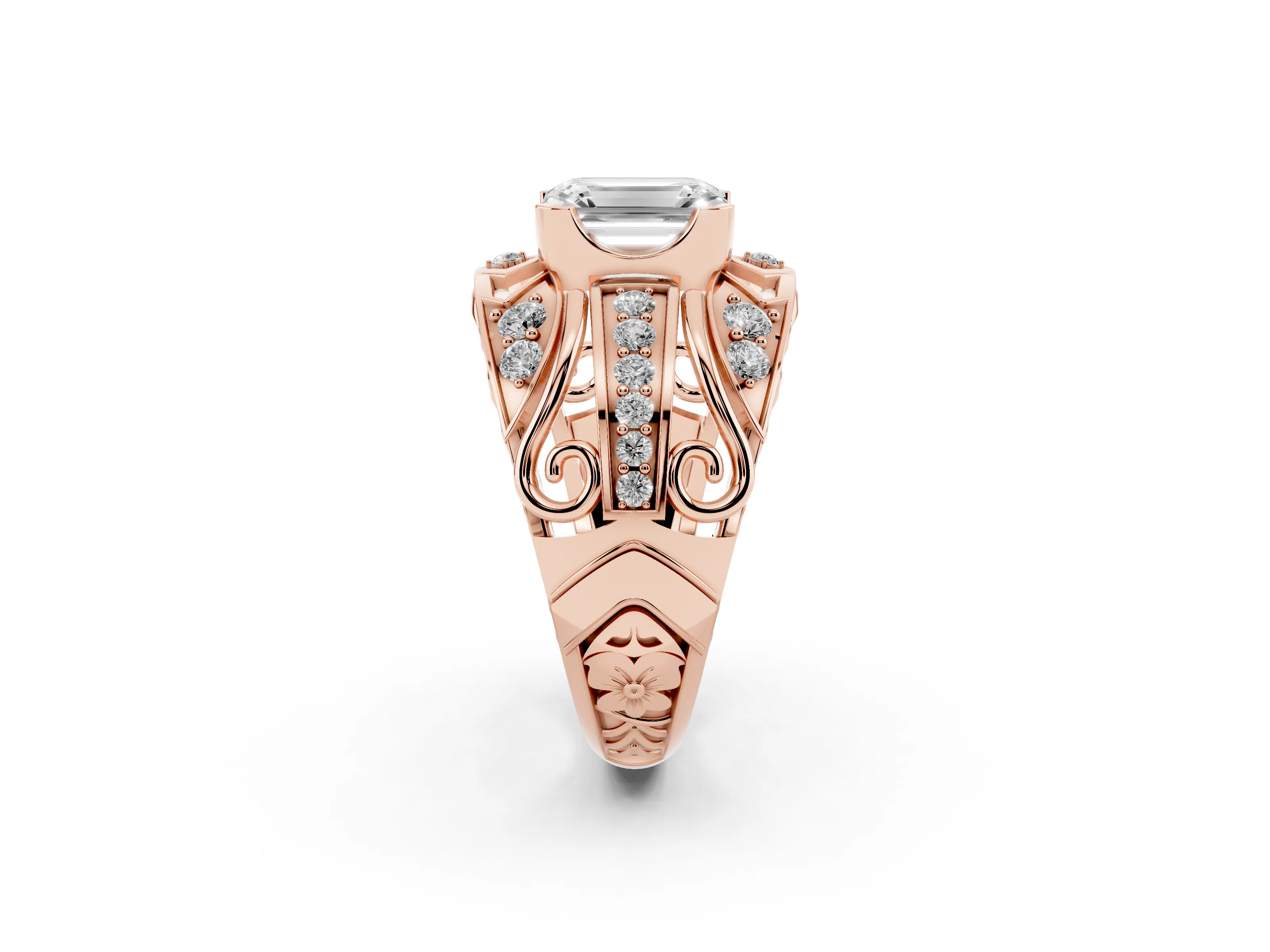 Emerald Cut Diamond Art Deco Ring Set in Rose gold with Pavé Split Shank
