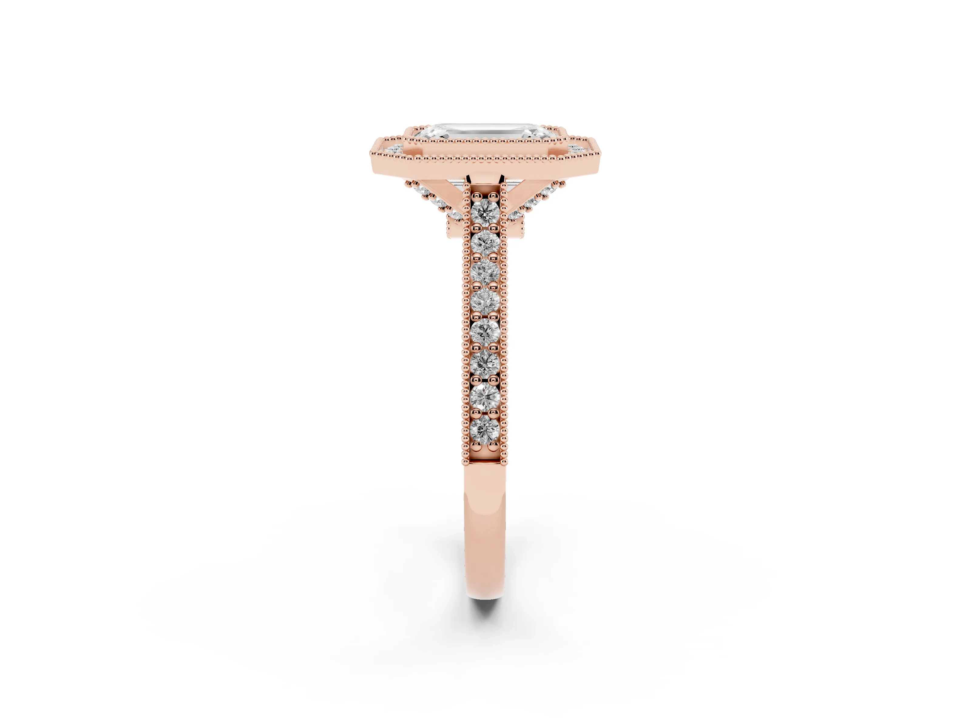Emerald Cut Diamond Halo Milgrain Pavé Band Ring Set in Rose gold with Prong Setting