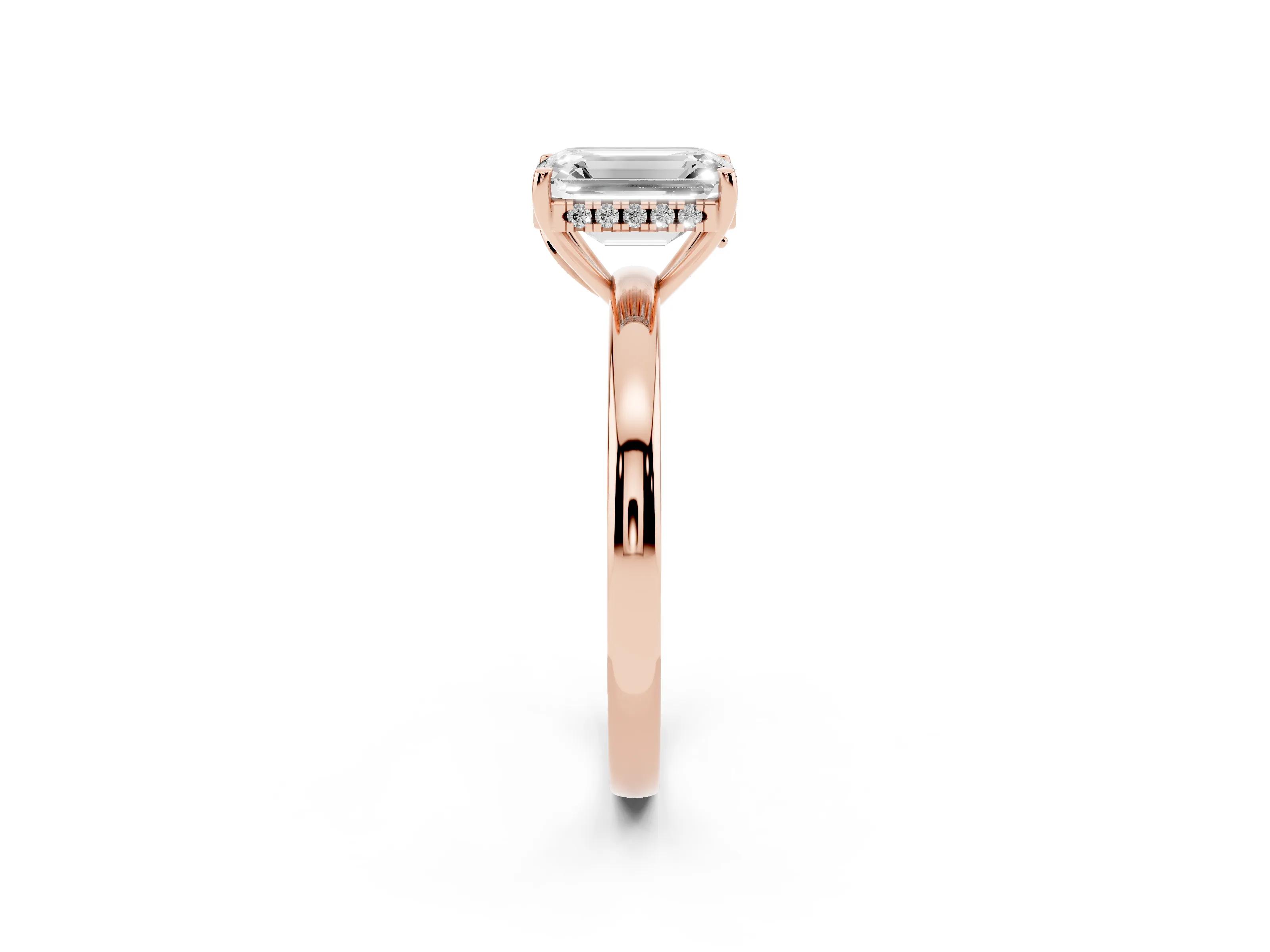 Emerald Cut Diamond Solitaire Ring Set in Rose gold with Plain Band and Prong Setting