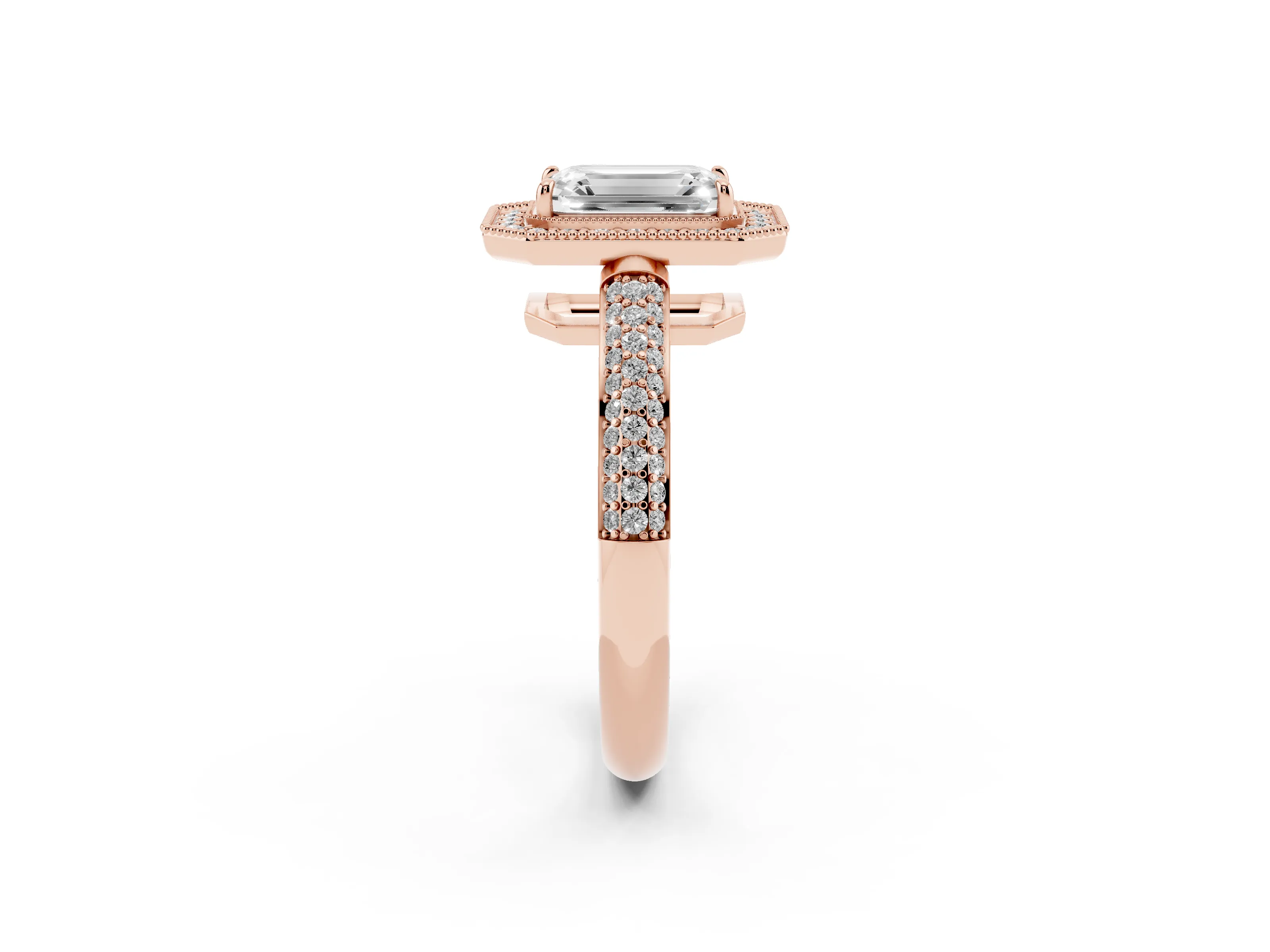 Emerald Cut Diamond Halo Pavé Band Set in Rose gold with Prong Setting