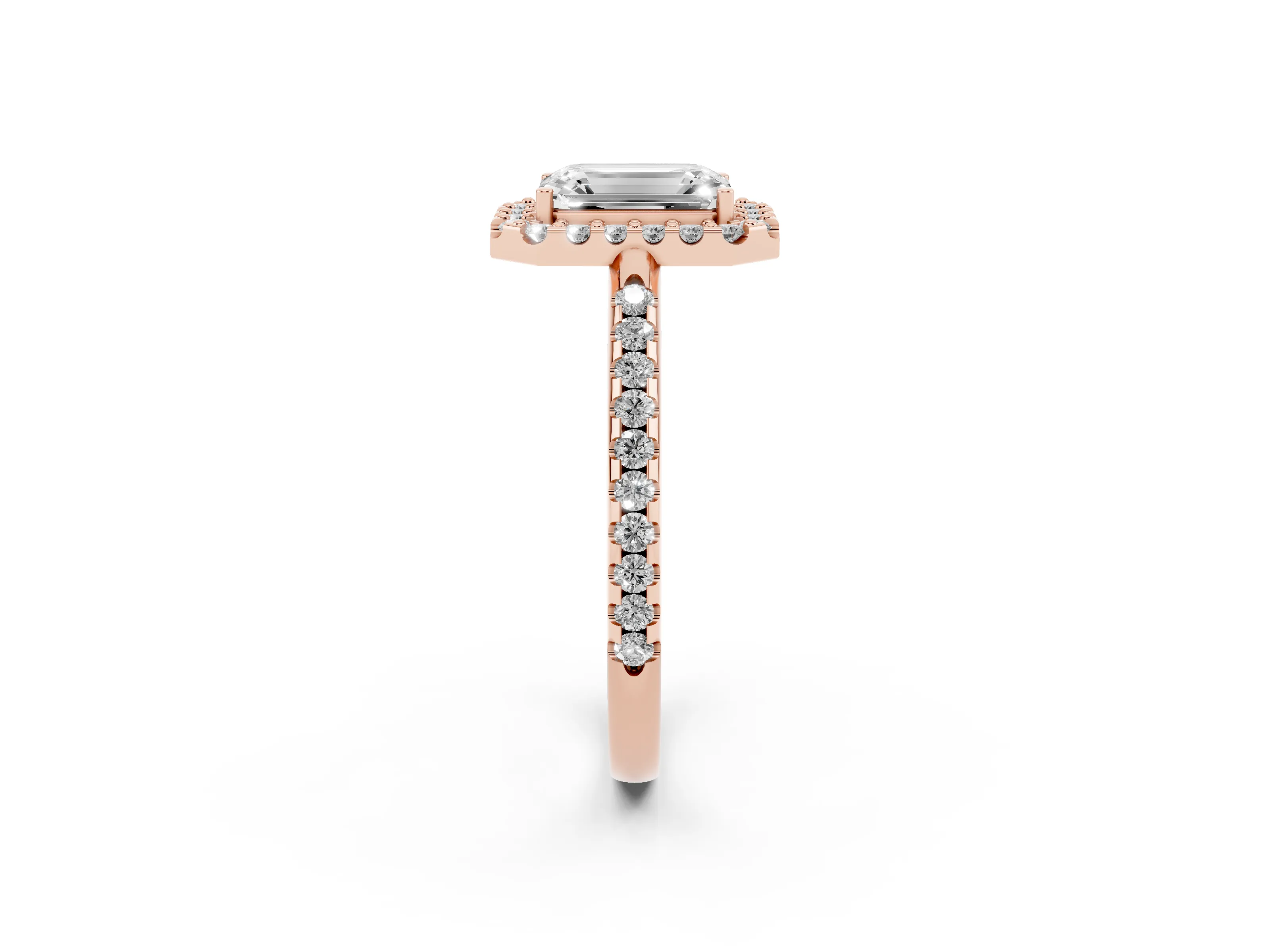 Emerald Cut Diamond Pavé Halo Ring Set in Rose gold with Prong Setting