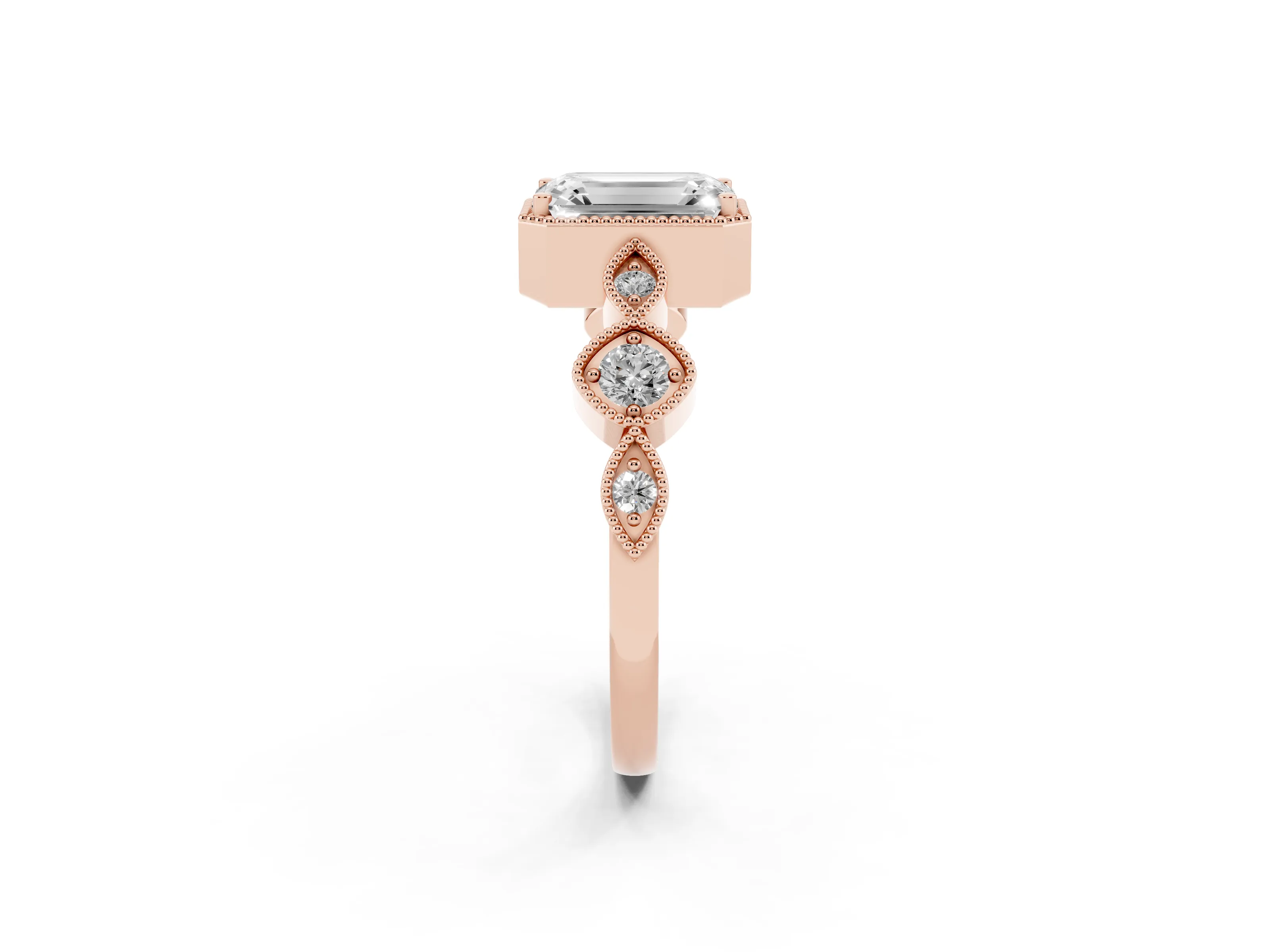 Emerald Cut Diamond Vintage-Inspired Milgrain Ring Set in Rose gold with Marquise Stations of Round Accents