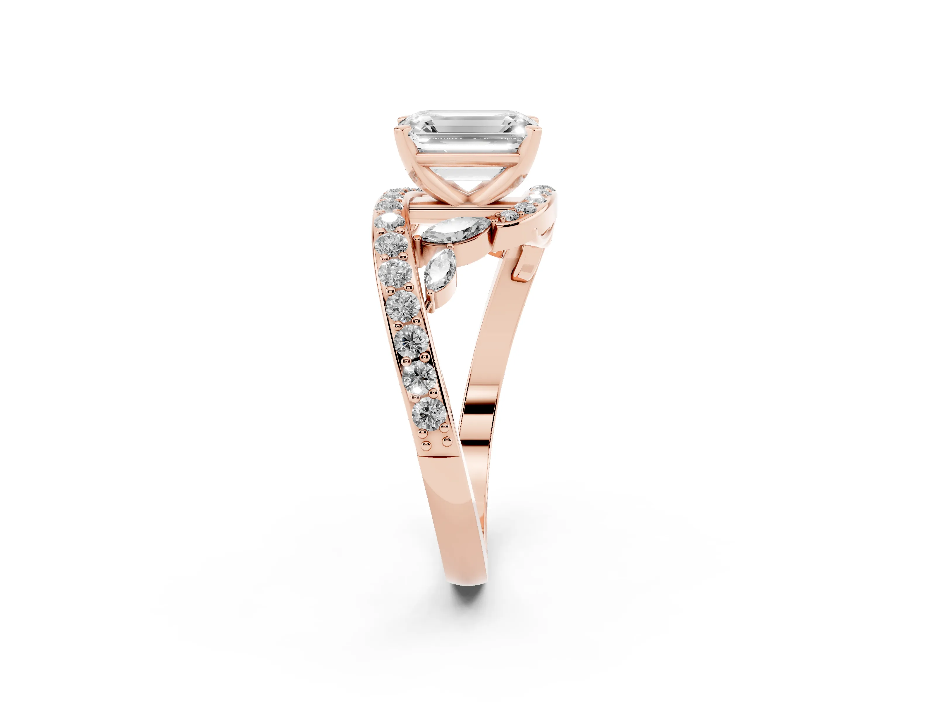 Emerald Cut Diamond Solitaire Ring Set in Rose gold with Pavé Twist Band and Secure Prong Setting