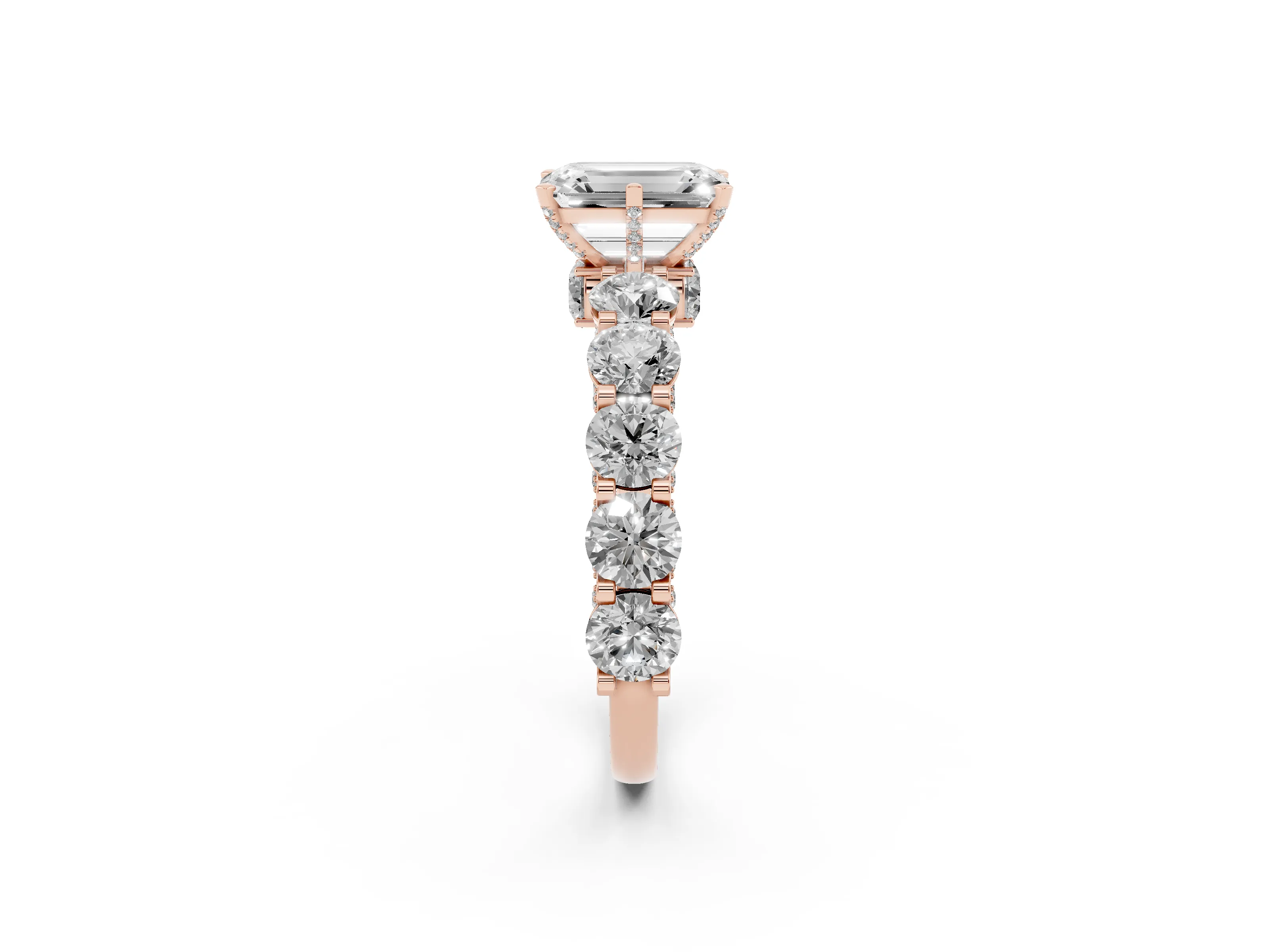 Emerald Cut Diamond Side Stone Ring Set in Rose gold with Alternating Round and Oval Side Stones