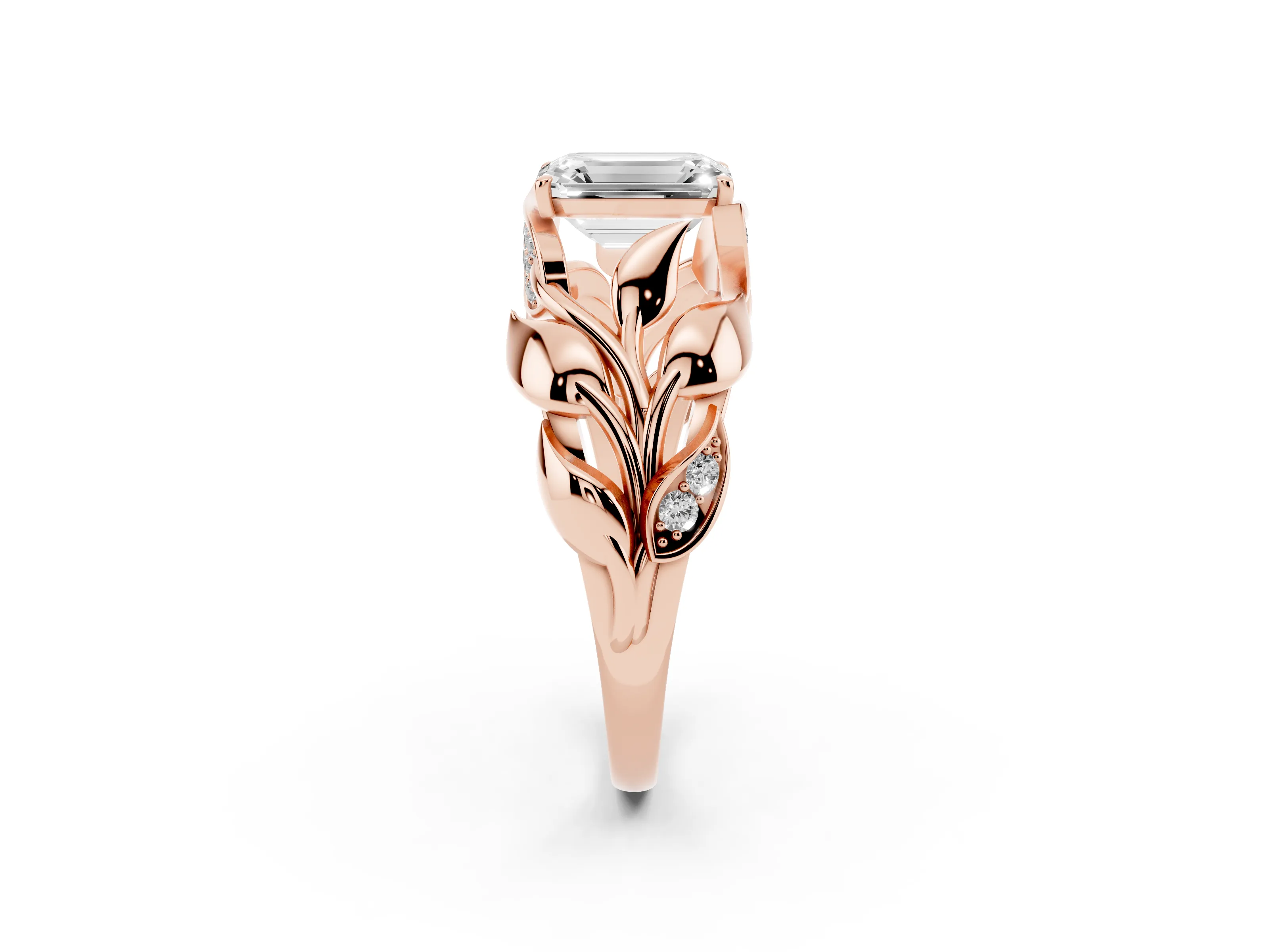 Emerald Cut Diamond Leaf-Inspired Engagement Ring Set in Rose gold with Round Accents
