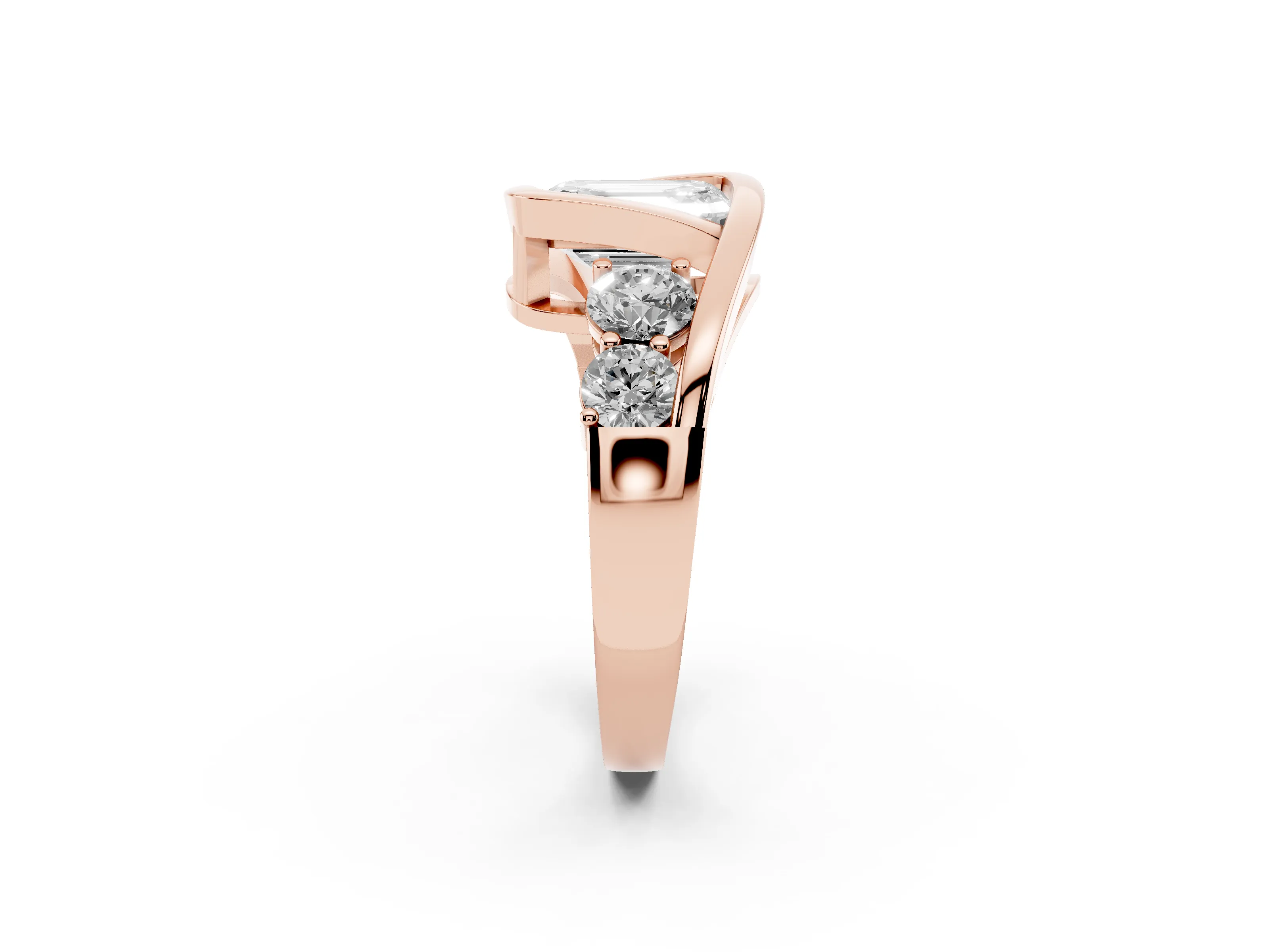 Emerald Cut Diamond Bezel Bypass Ring Set in Rose gold with Round Accents