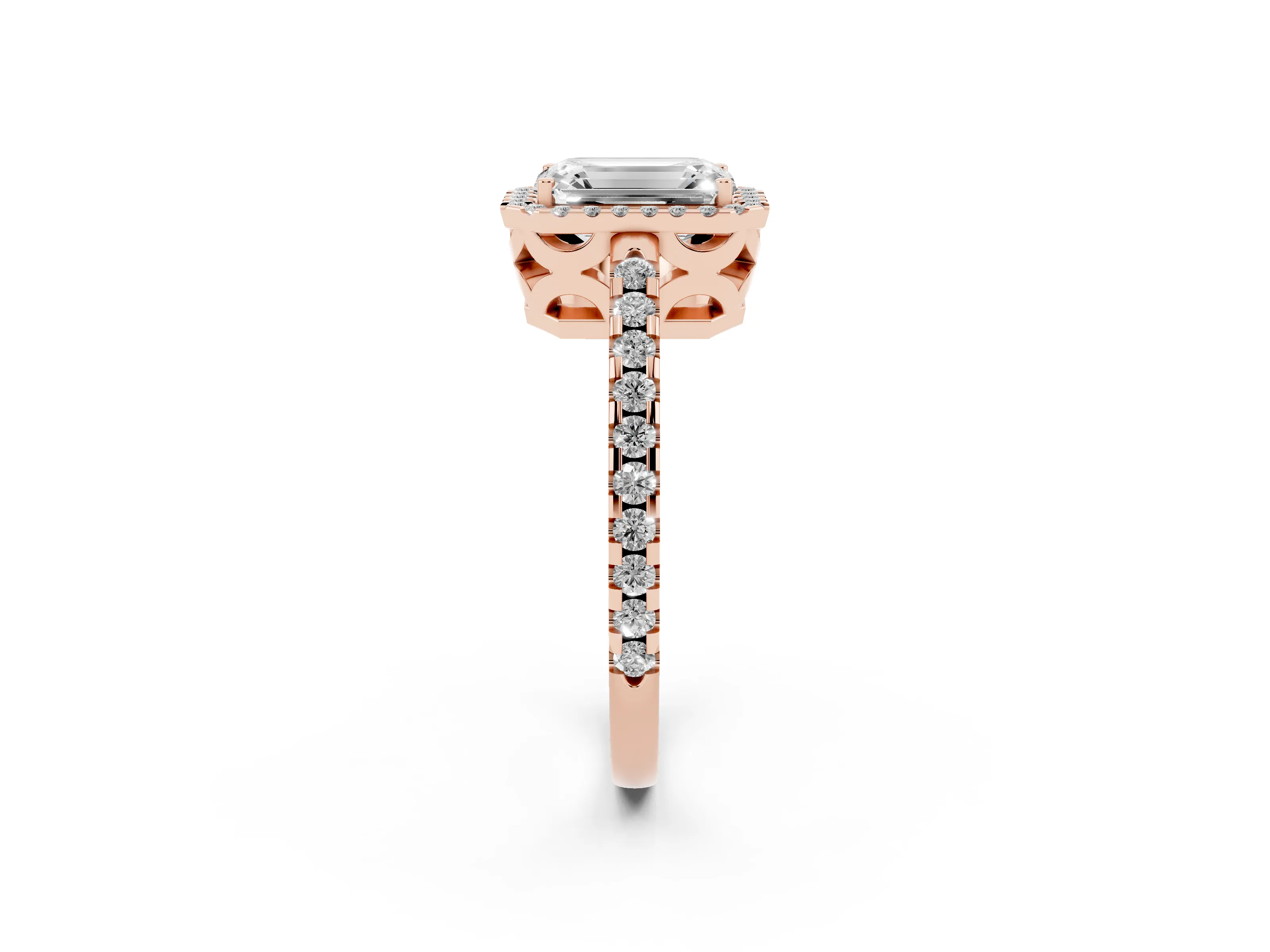 Emerald Cut Diamond Halo Ring Set in Rose gold with Pavé Shoulders and Halo-Framed Center