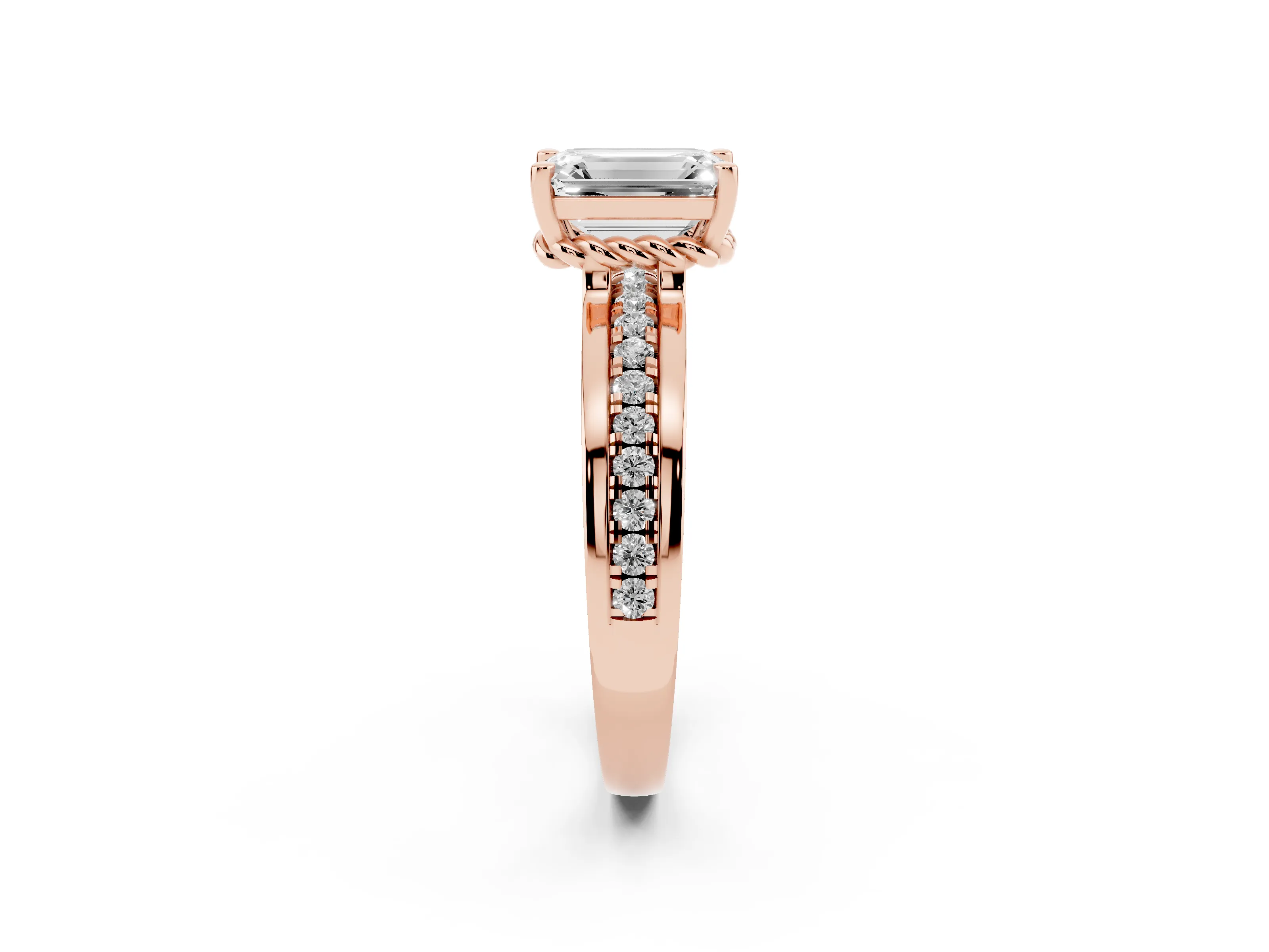 Emerald Cut Diamond Solitaire Ring Set in Rose gold with Channel Set Band and Prong Setting