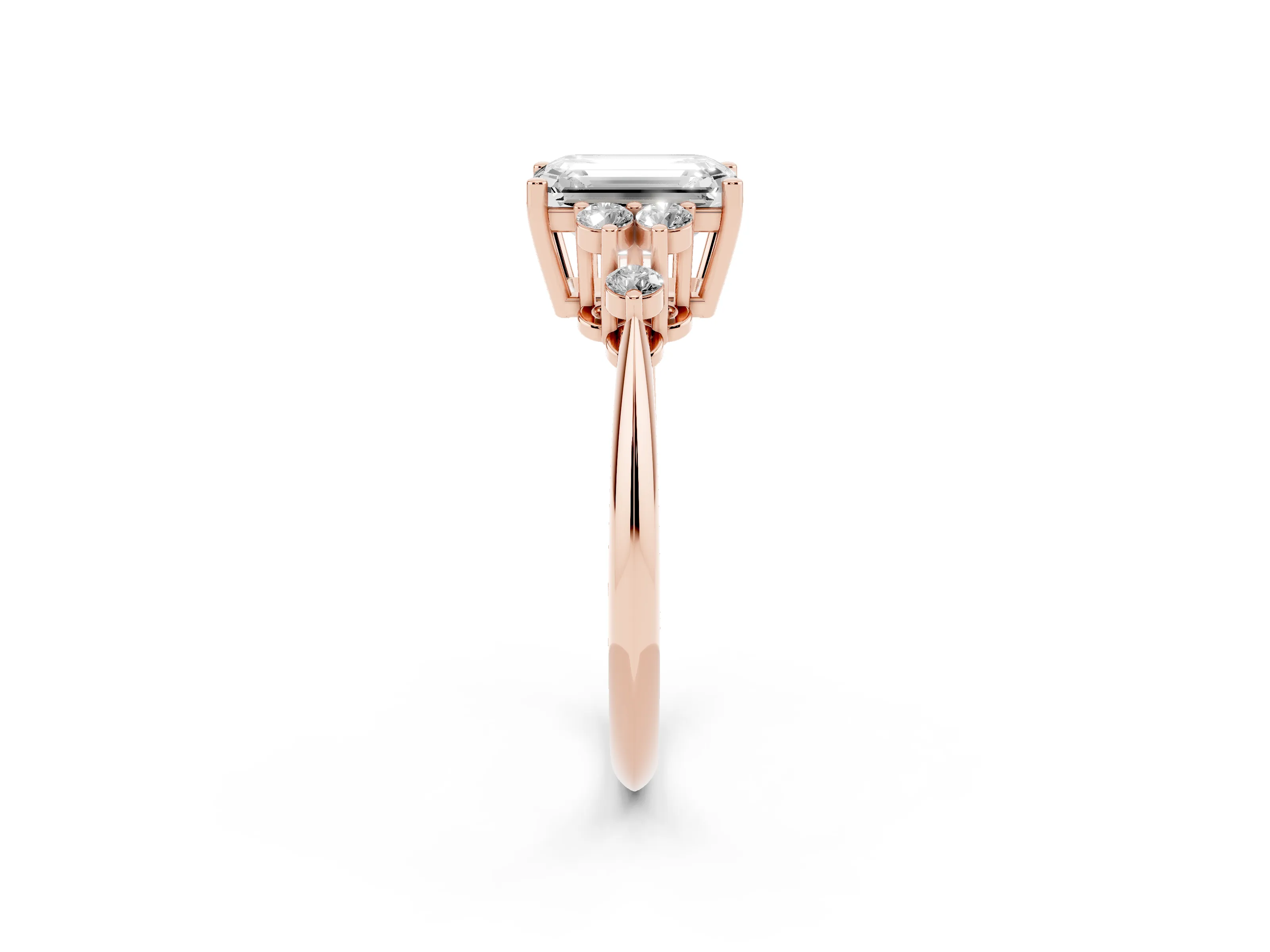 Emerald Cut Diamond Cluster Ring Set in Rose gold with Plain Band and Prong Setting