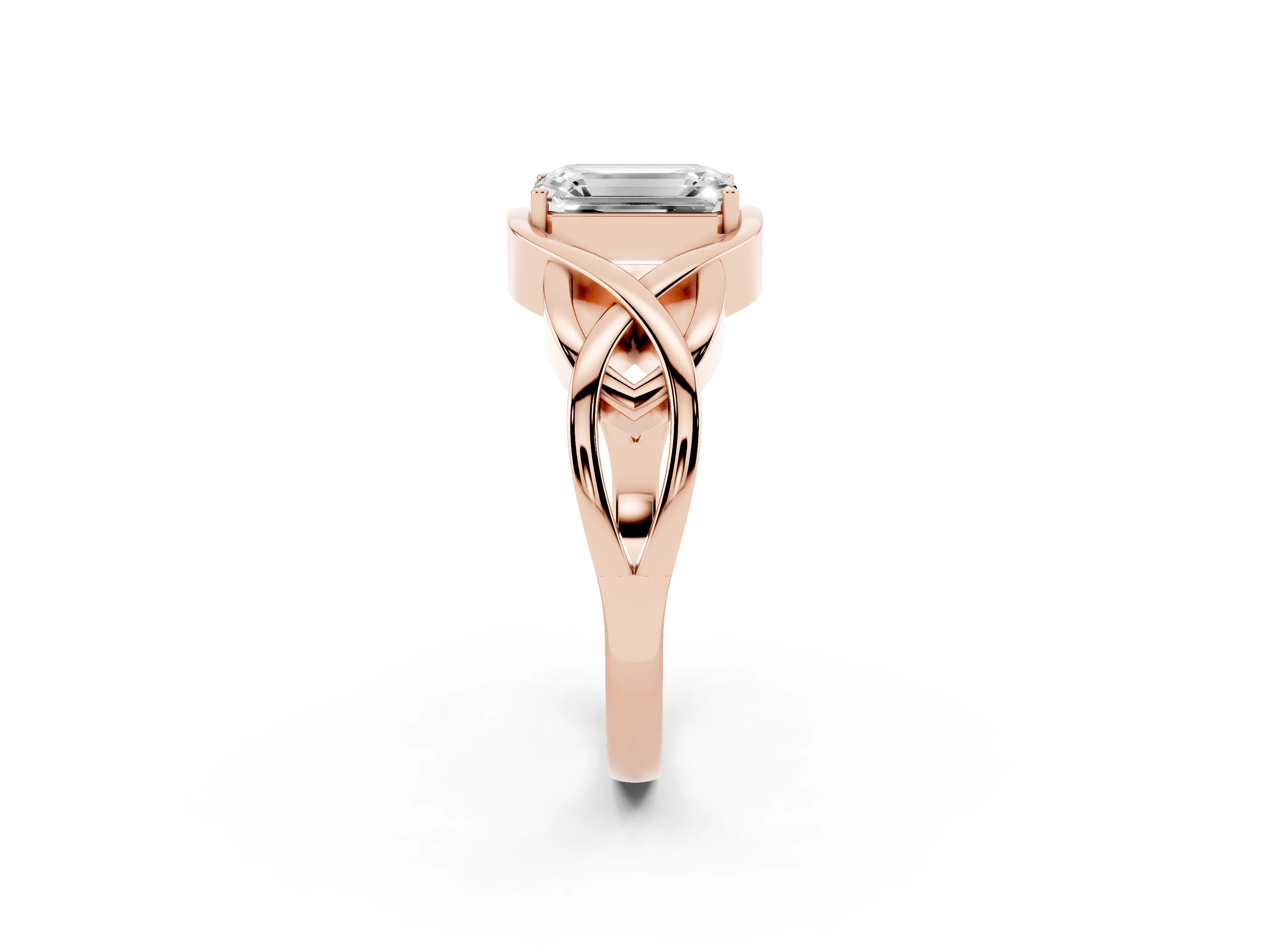 Emerald Cut Diamond Solitaire Ring Set in Rose gold with Intertwined Band