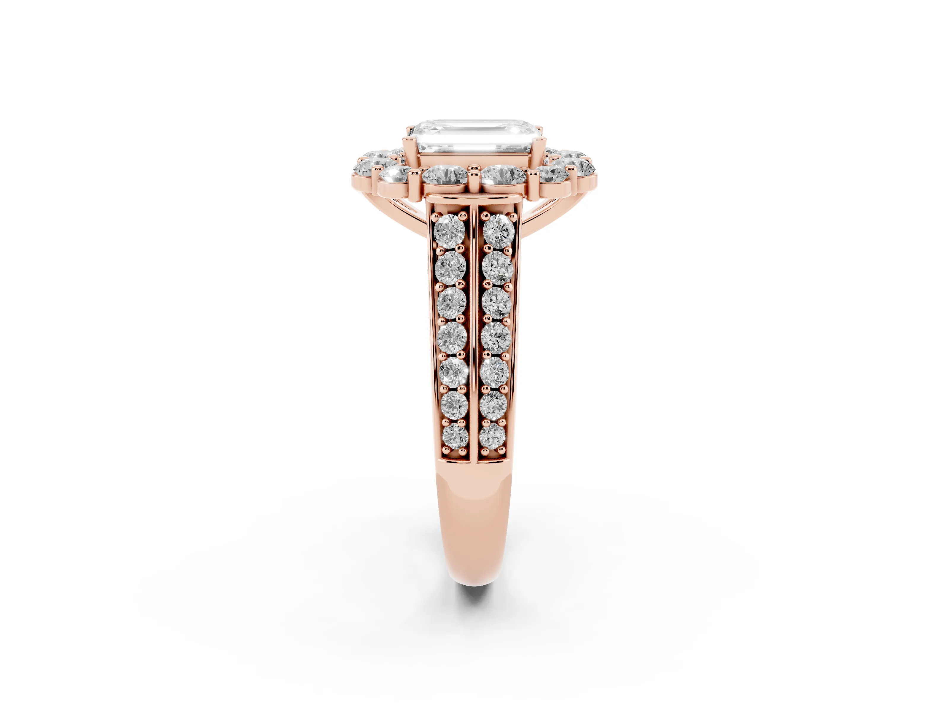 Emerald Cut Diamond Halo Engagement Ring Set in Rose gold with Split Shank and Prong Setting