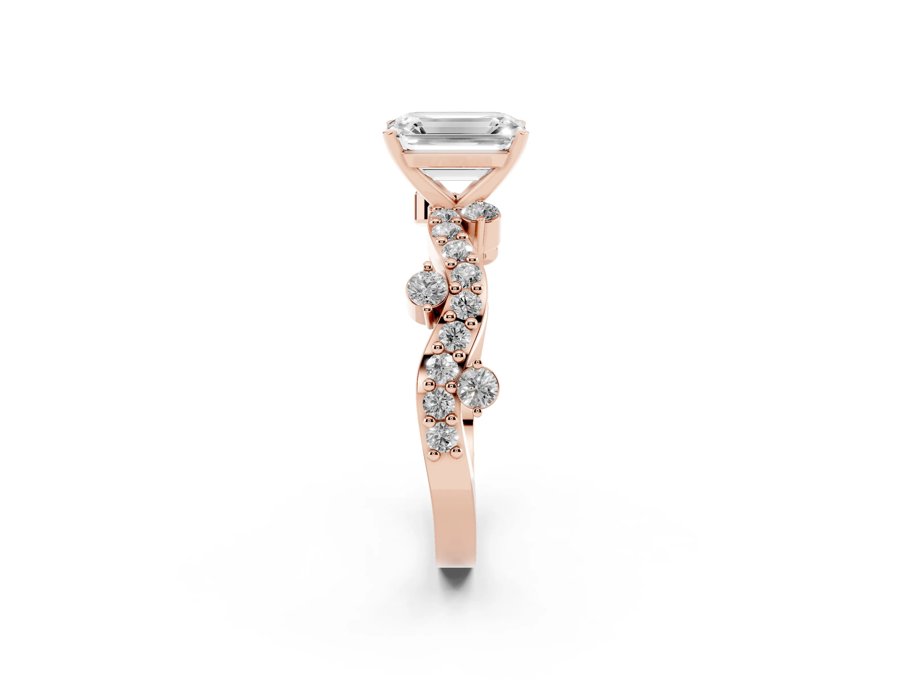 Emerald Cut Diamond Solitaire Twisted Band Set in Rose gold with Pavé Setting