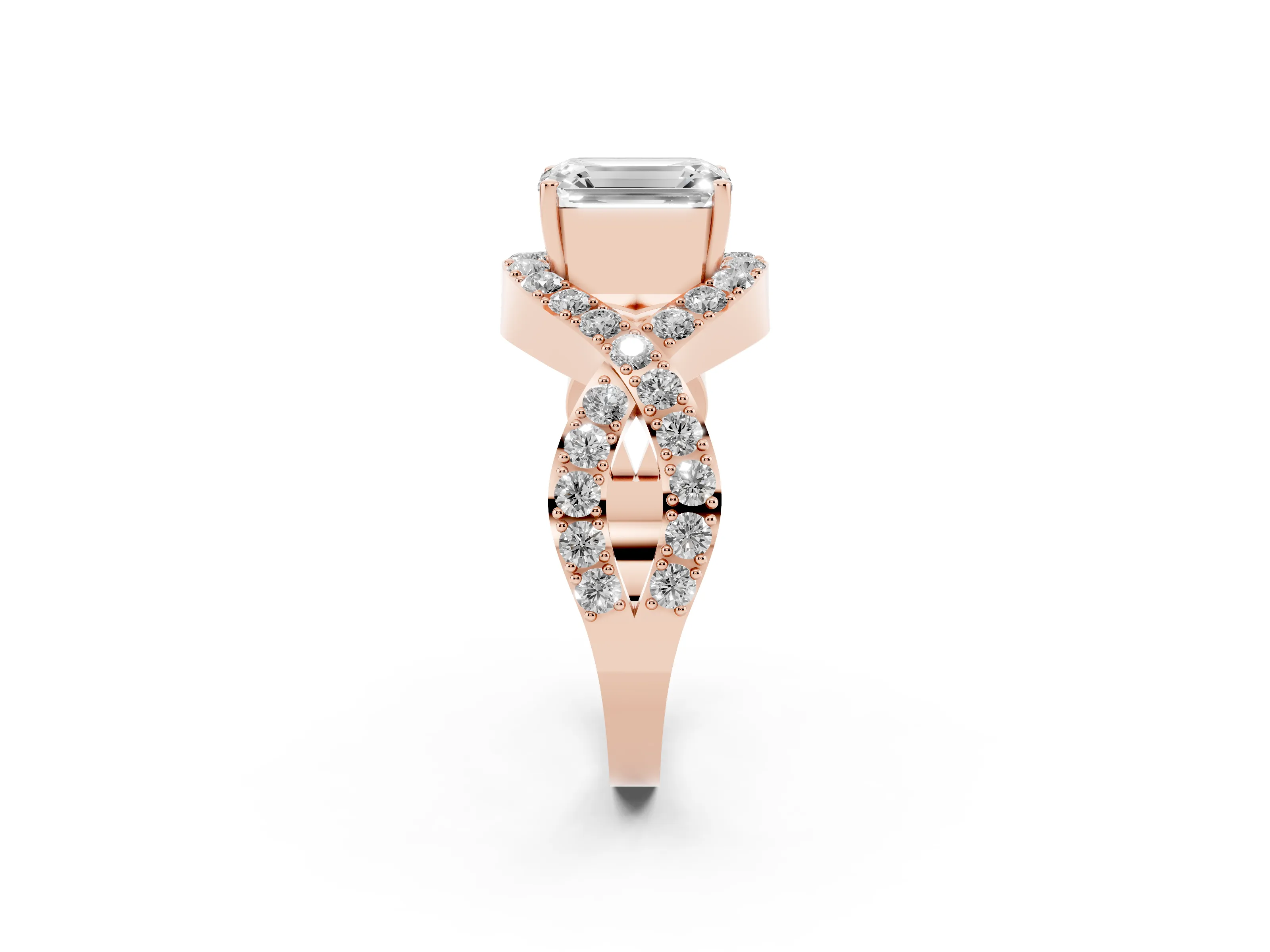 Emerald Cut Diamond Solitaire Twist Band Pavé Engagement Ring Set in Rose gold
