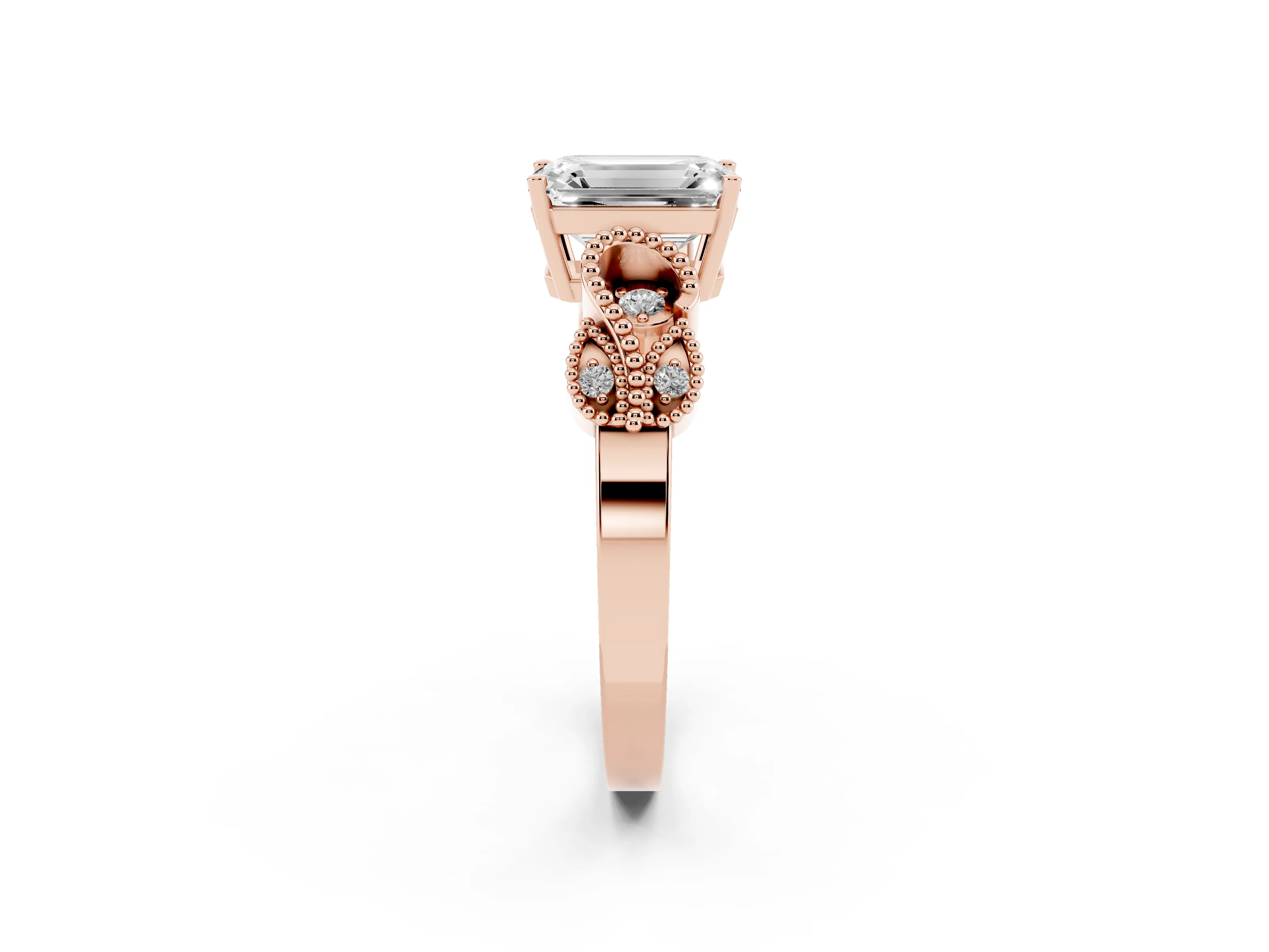 Emerald Cut Diamond Milgrain Leaf Band Solitaire Ring Set in Rose gold with Accent Stones and Prong Setting