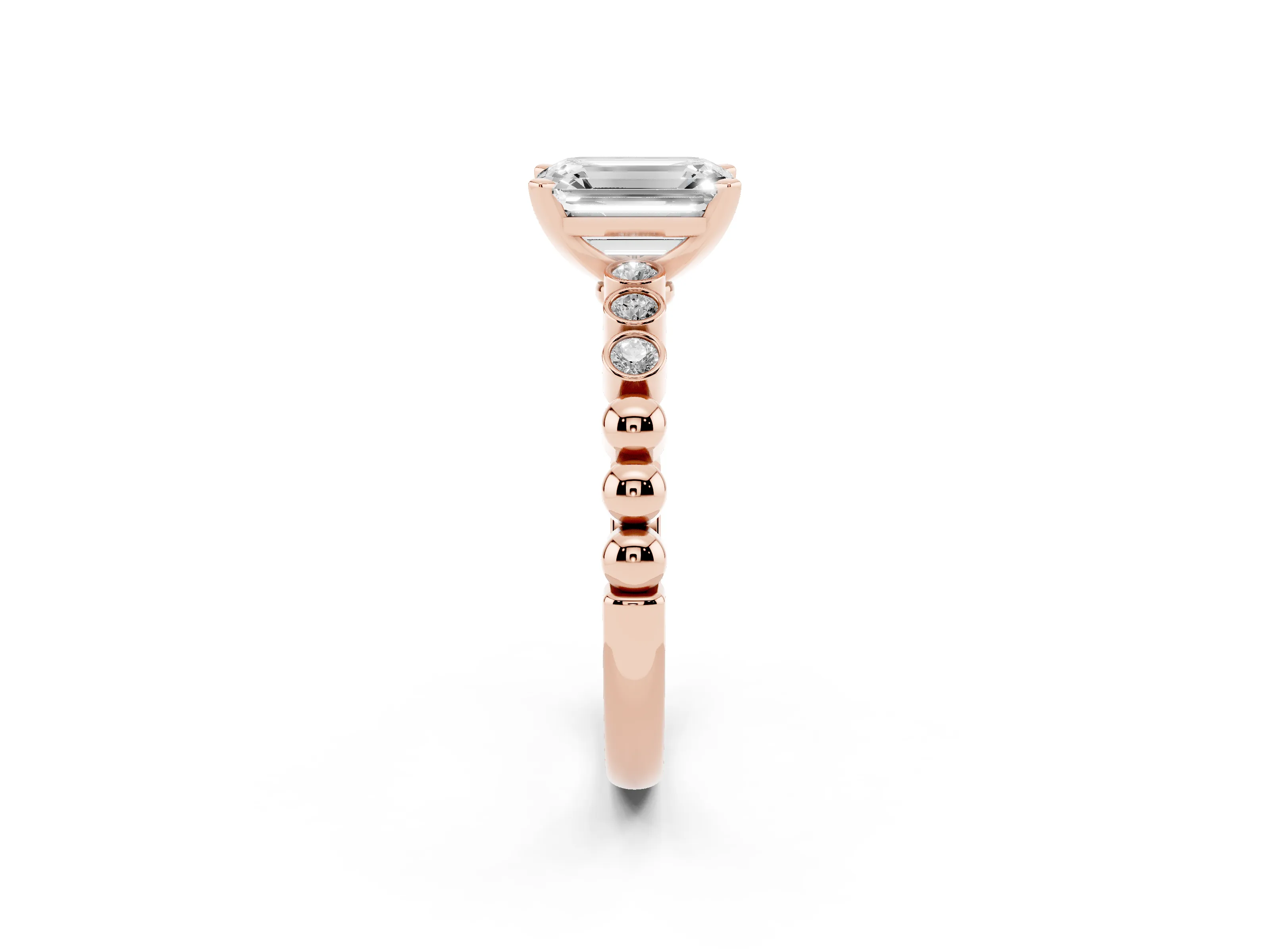Emerald Cut Diamond Solitaire Engagement Ring Set in Rose gold with Bezel Accents on Beaded Band