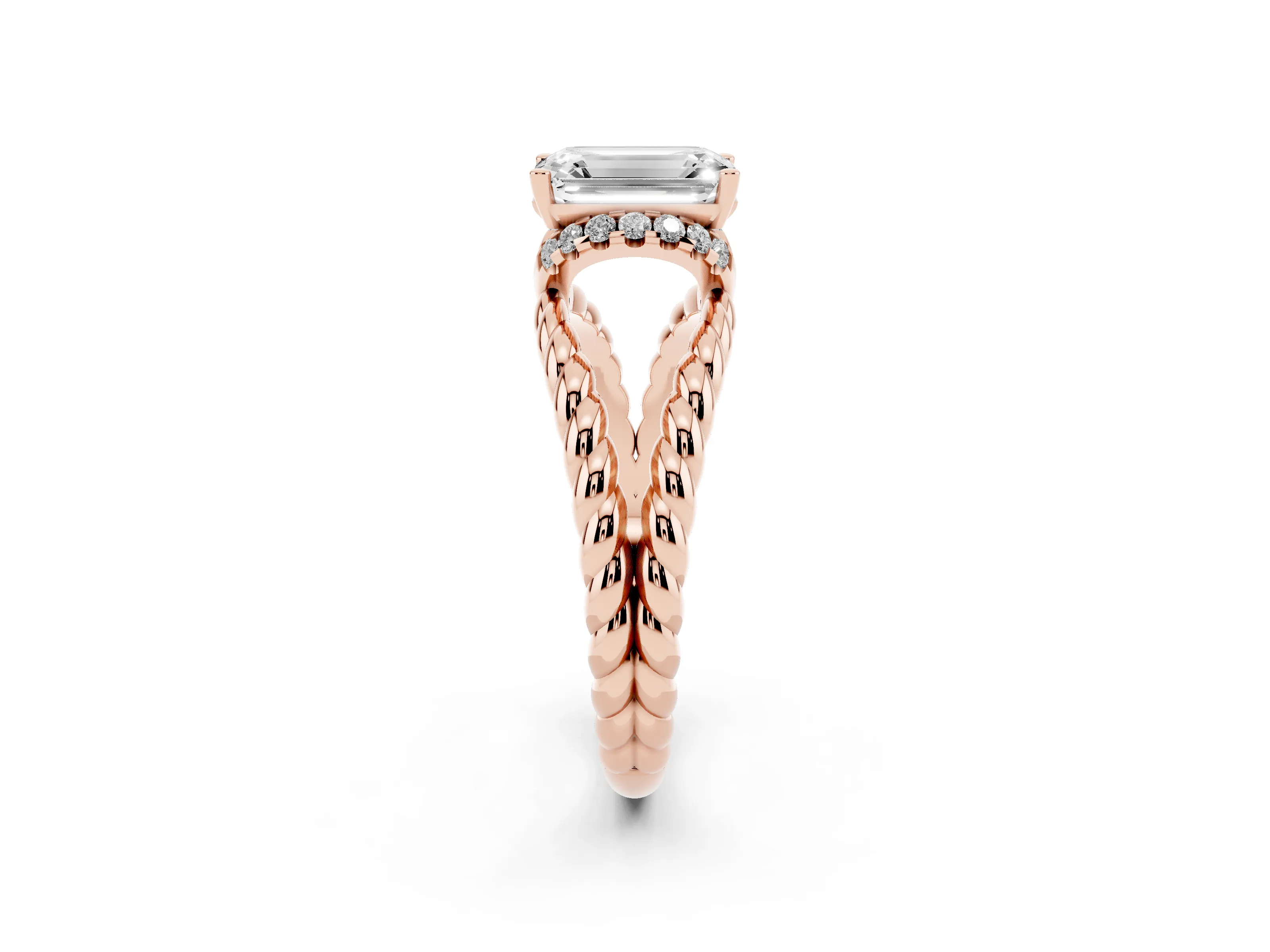 Emerald Cut Diamond Halo Ring Set in Rose gold with Twisted Band and Prong Setting