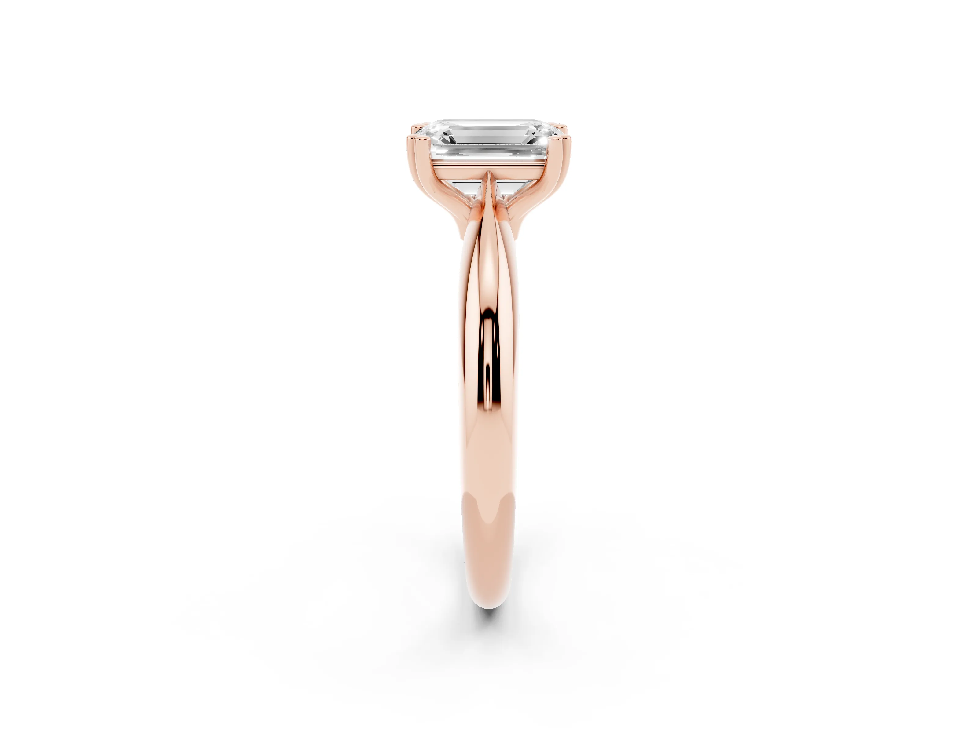 Emerald Cut Diamond Solitaire Engagement Ring Set in Rose gold with Tapered Band and Prong Setting
