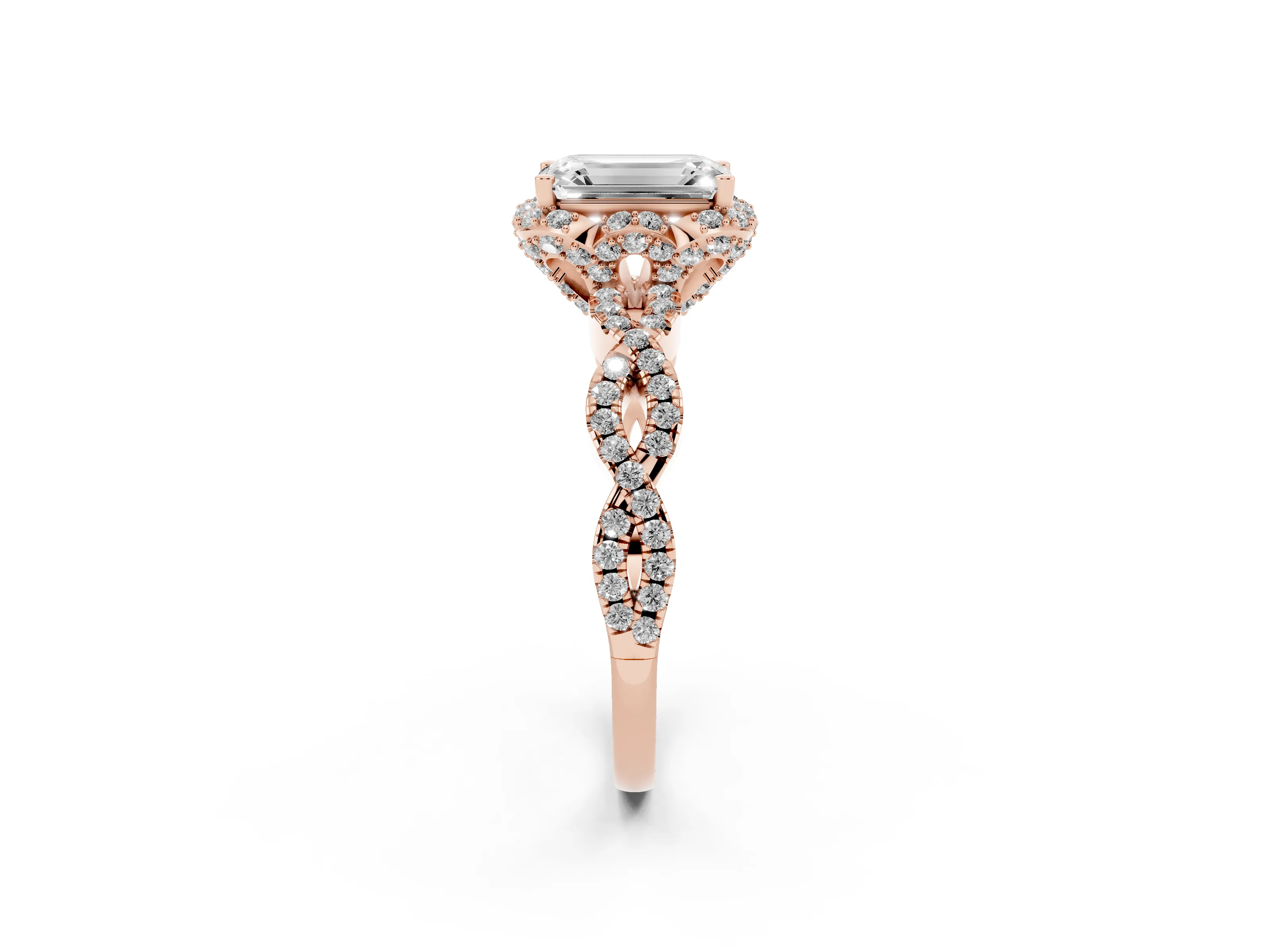 Emerald Cut Diamond Halo Twist Band Solitaire Ring Set in Rose gold with Prong-Set Center Stone