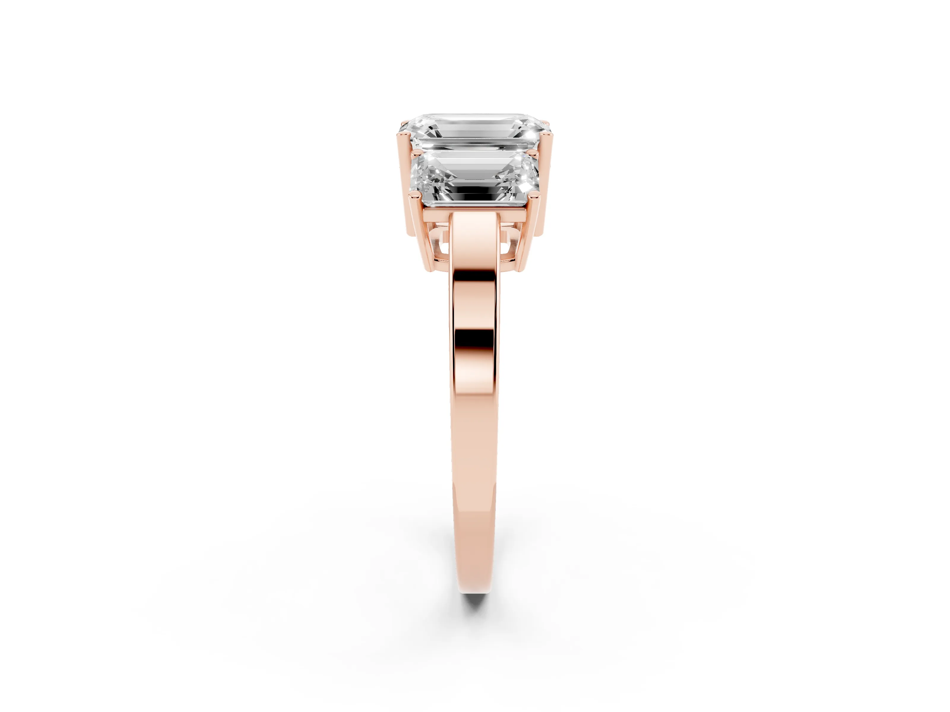 Emerald Cut Diamond Three-Stone Engagement Ring Set in Rose gold with Flat Band