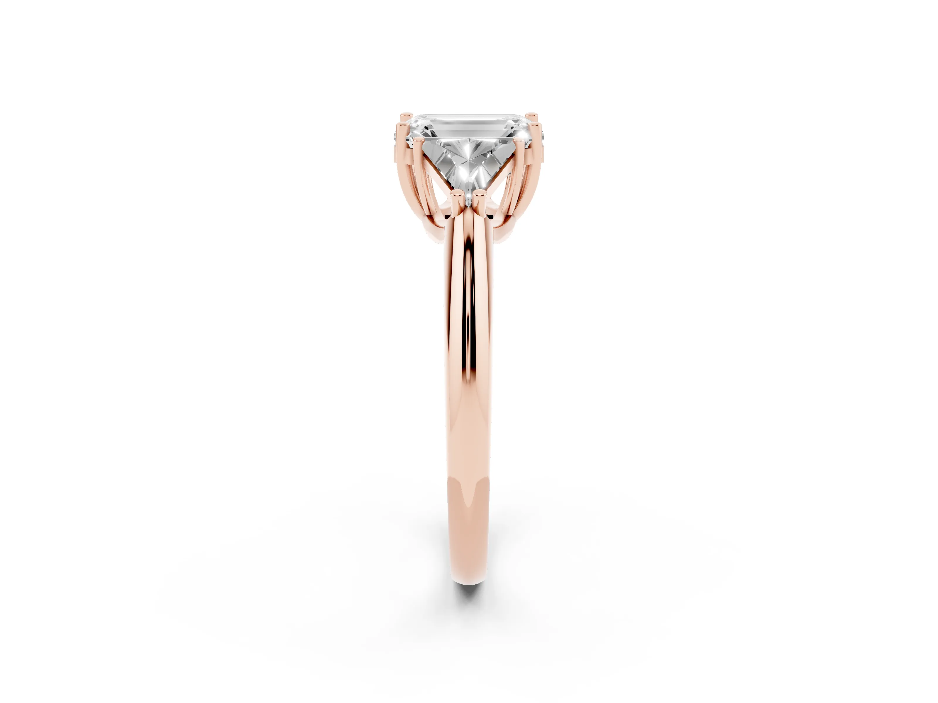 Emerald Cut Diamond Three-Stone Engagement Ring Set in Rose gold with Trillion Side Stones