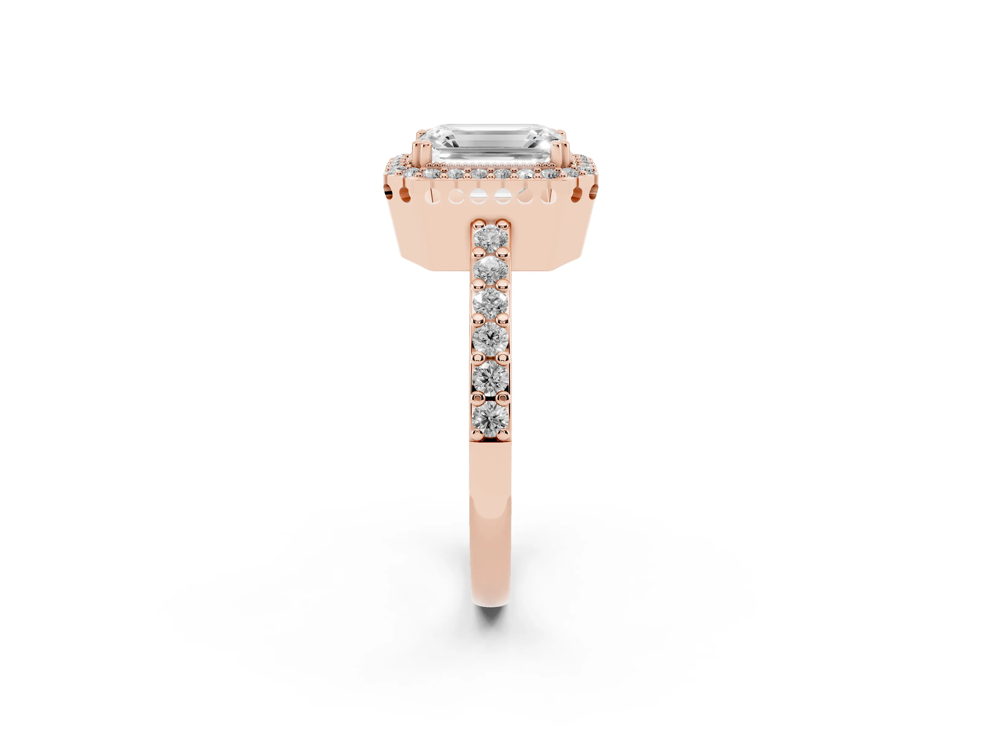 Emerald Cut Diamond Halo Engagement Ring Set in Rose gold with Milgrain Detail and Pavé Band