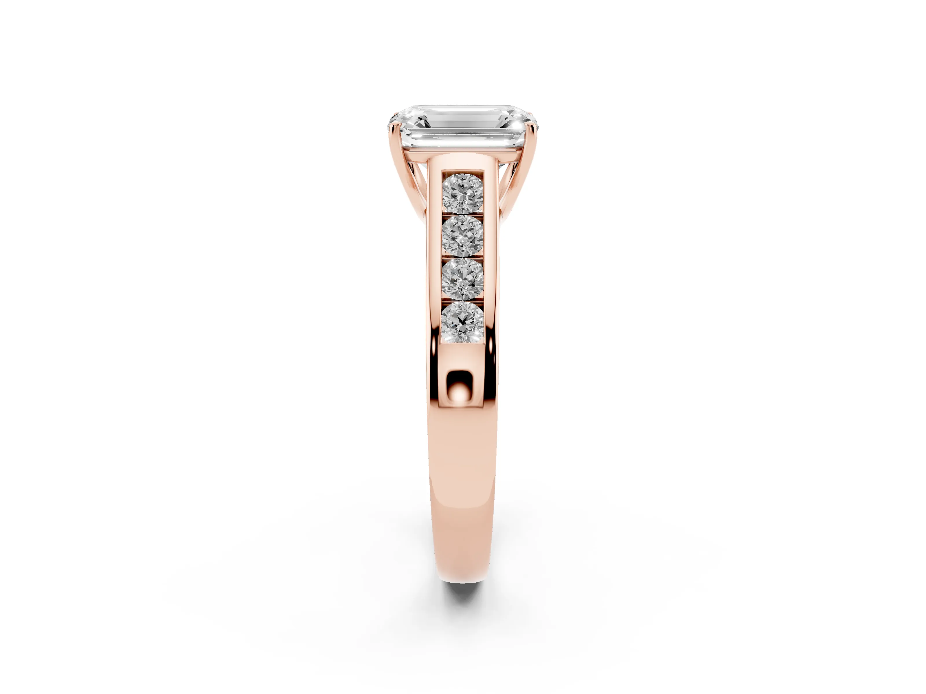 Emerald Cut Diamond Brilliant Channel-Set Solitaire Ring Set in Rose gold with Prong Setting