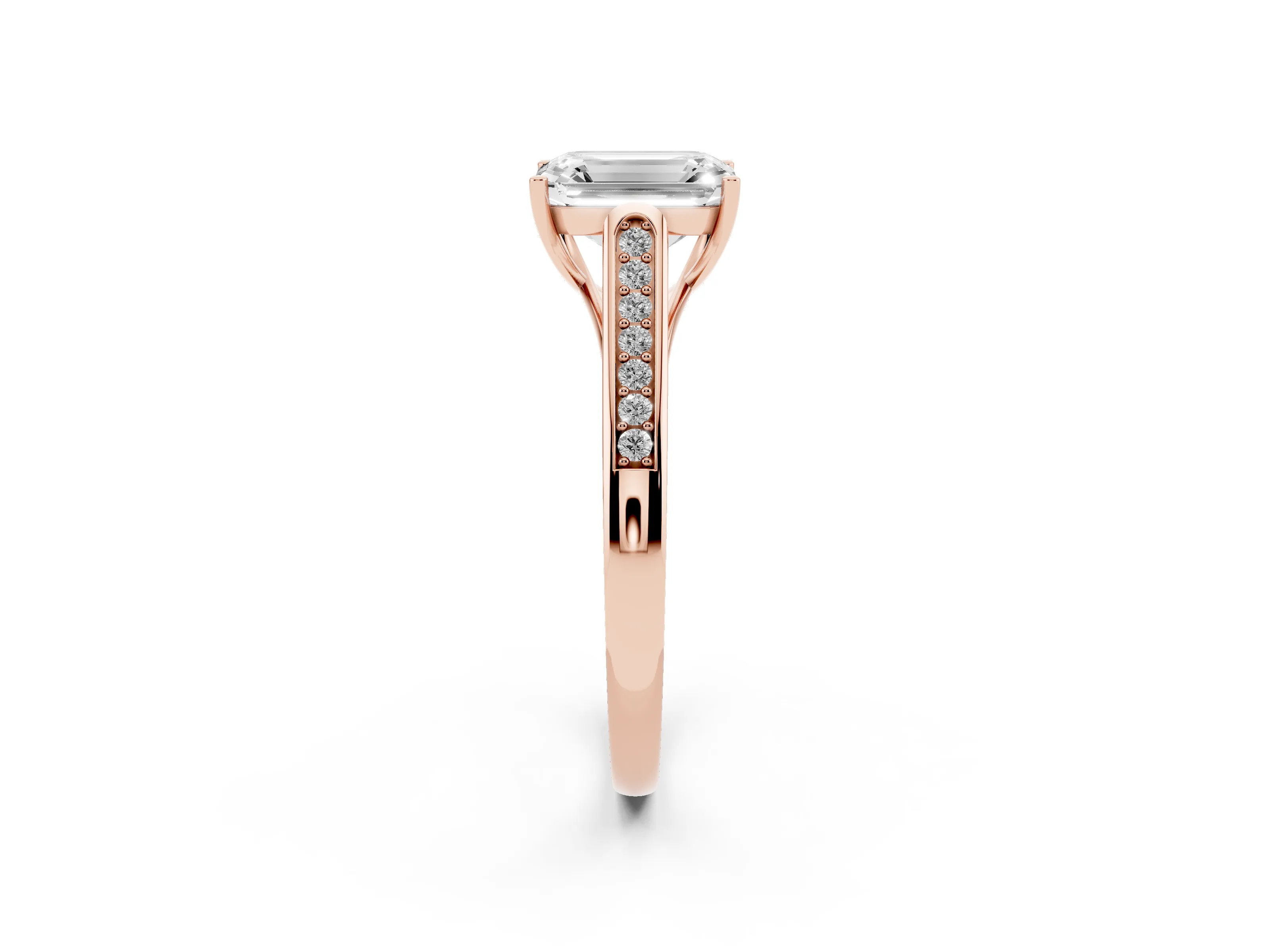 Emerald Cut Diamond Solitaire Cathedral Engagement Ring Set in Rose gold with Channel-Set Band and Prong Setting