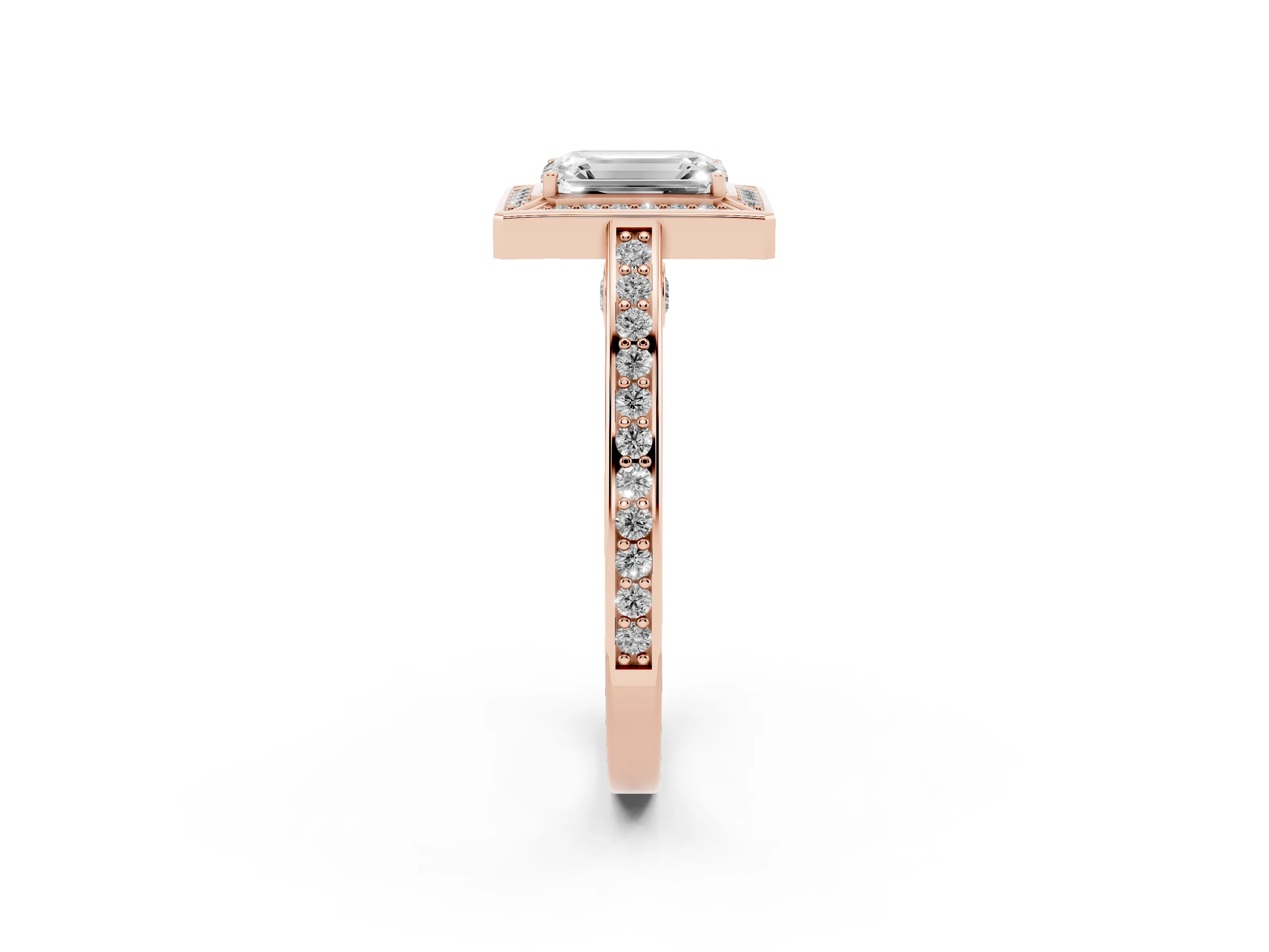 Emerald Cut Diamond Halo Pavé Split Shank Ring Set in Rose gold with Prong Setting