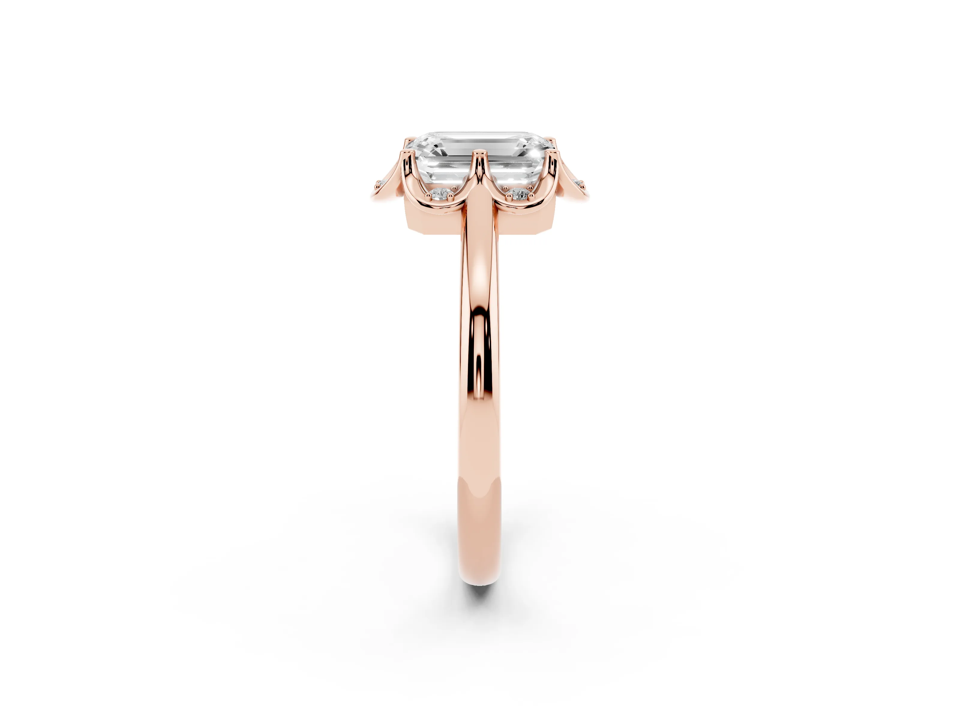 Emerald Cut Diamond Round Cluster Halo Ring Set in Rose gold with Solitaire Band and Prong Setting