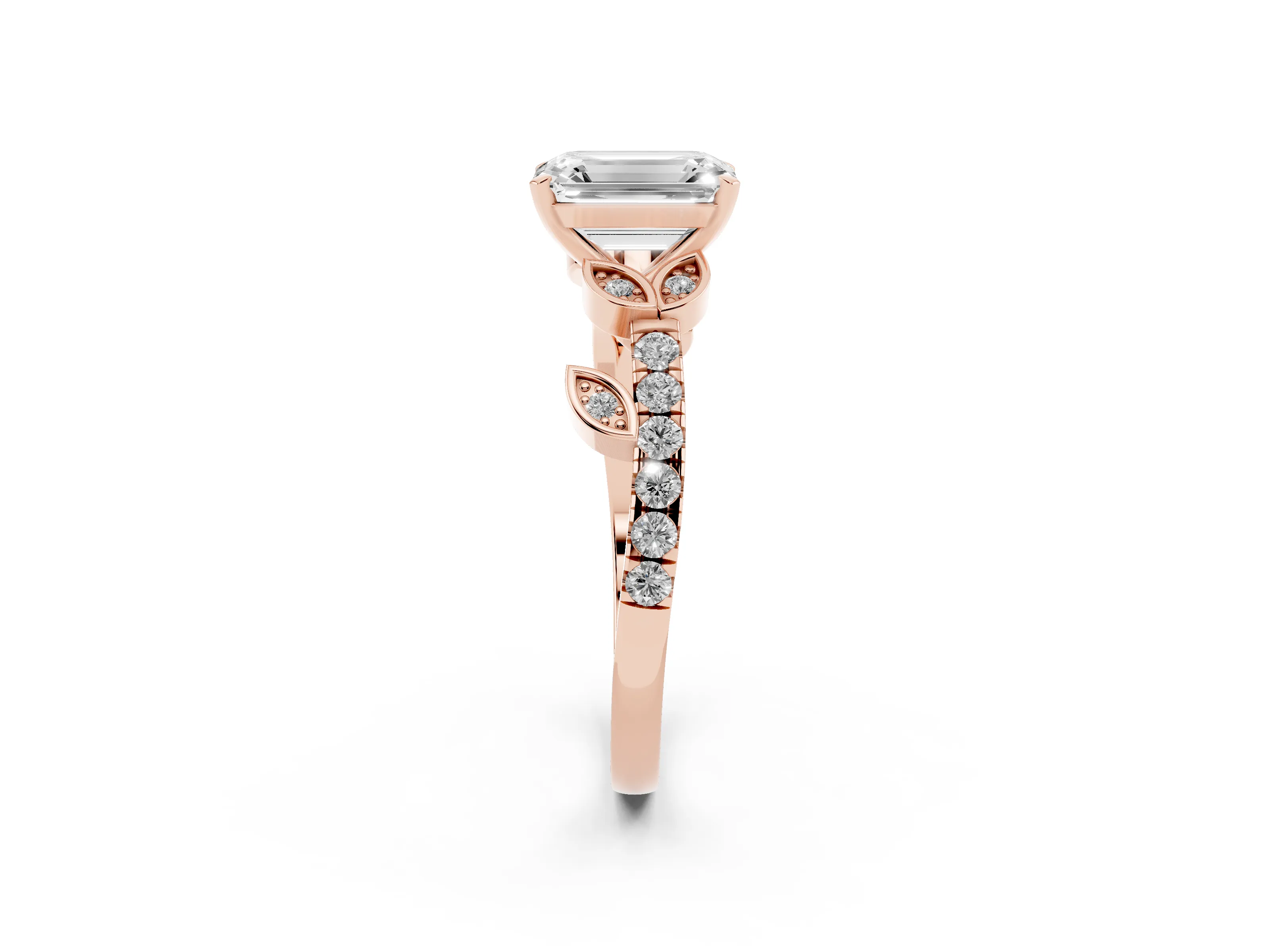 Emerald Cut Diamond Solitaire Leaf-Inspired Ring Set in Rose gold with Pavé Band and Prong Setting