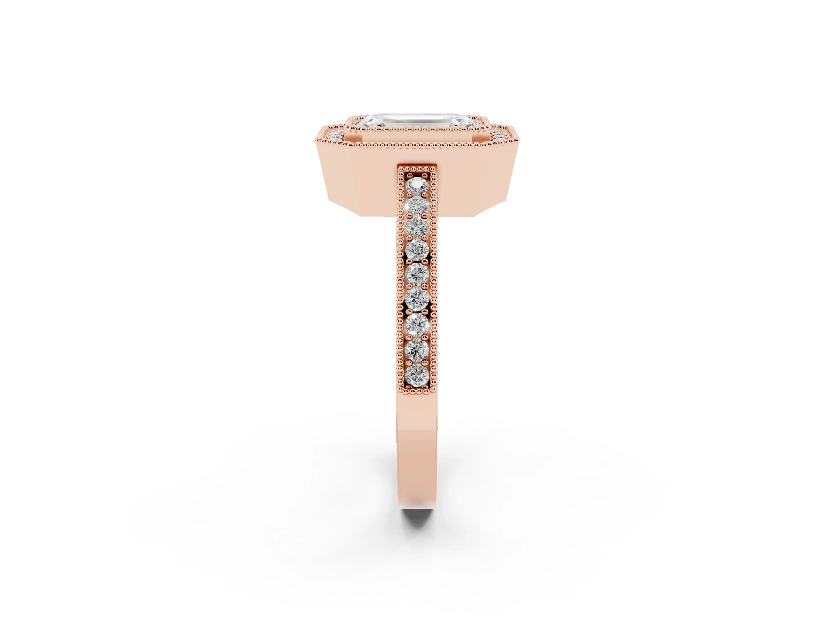 Emerald Cut Diamond Round Halo Ring Set in Rose gold with Pavé Band