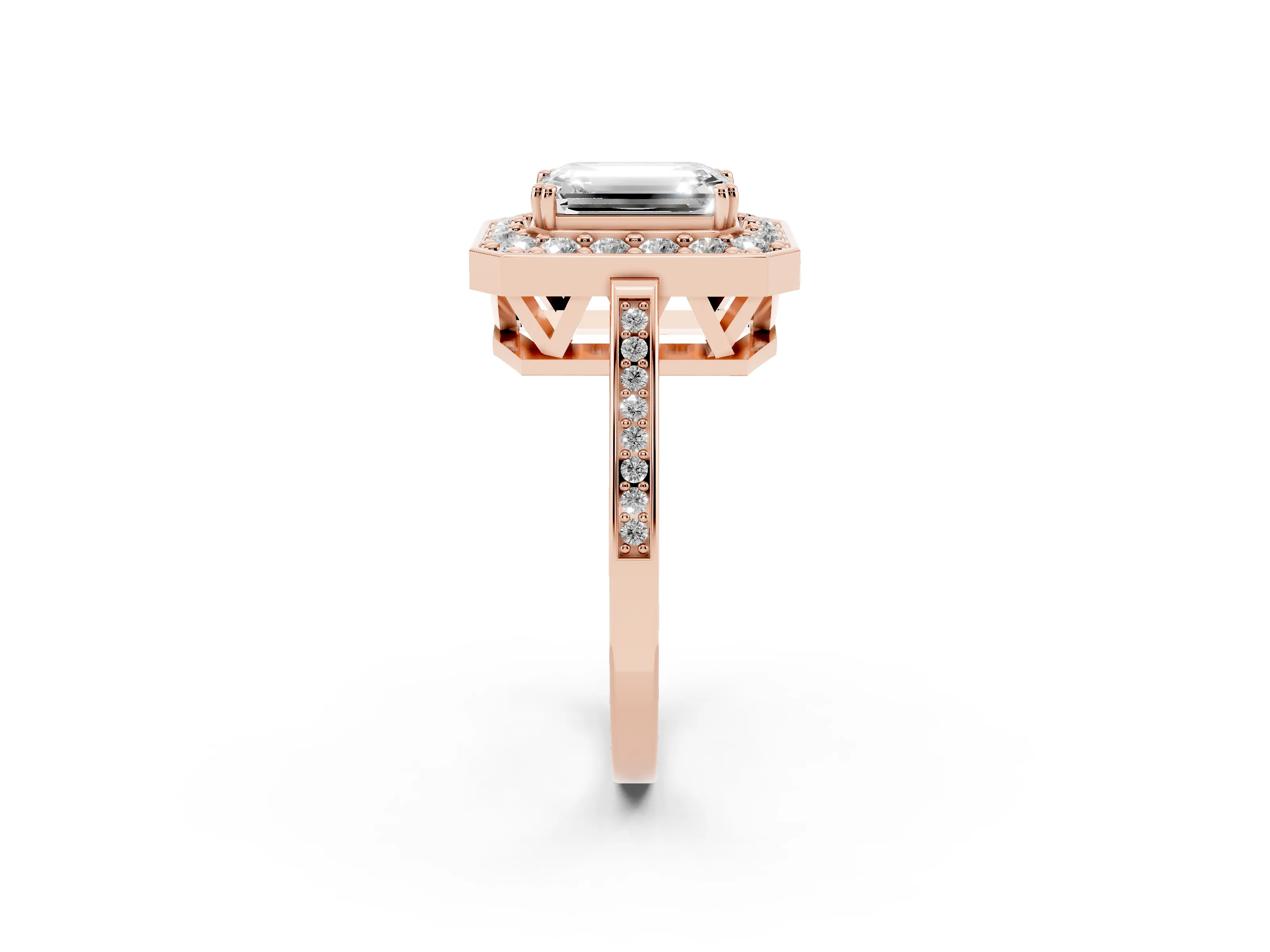 Emerald Cut Diamond Halo Ring Set in Rose gold with Accent-Lined Split Shank and Prong Setting