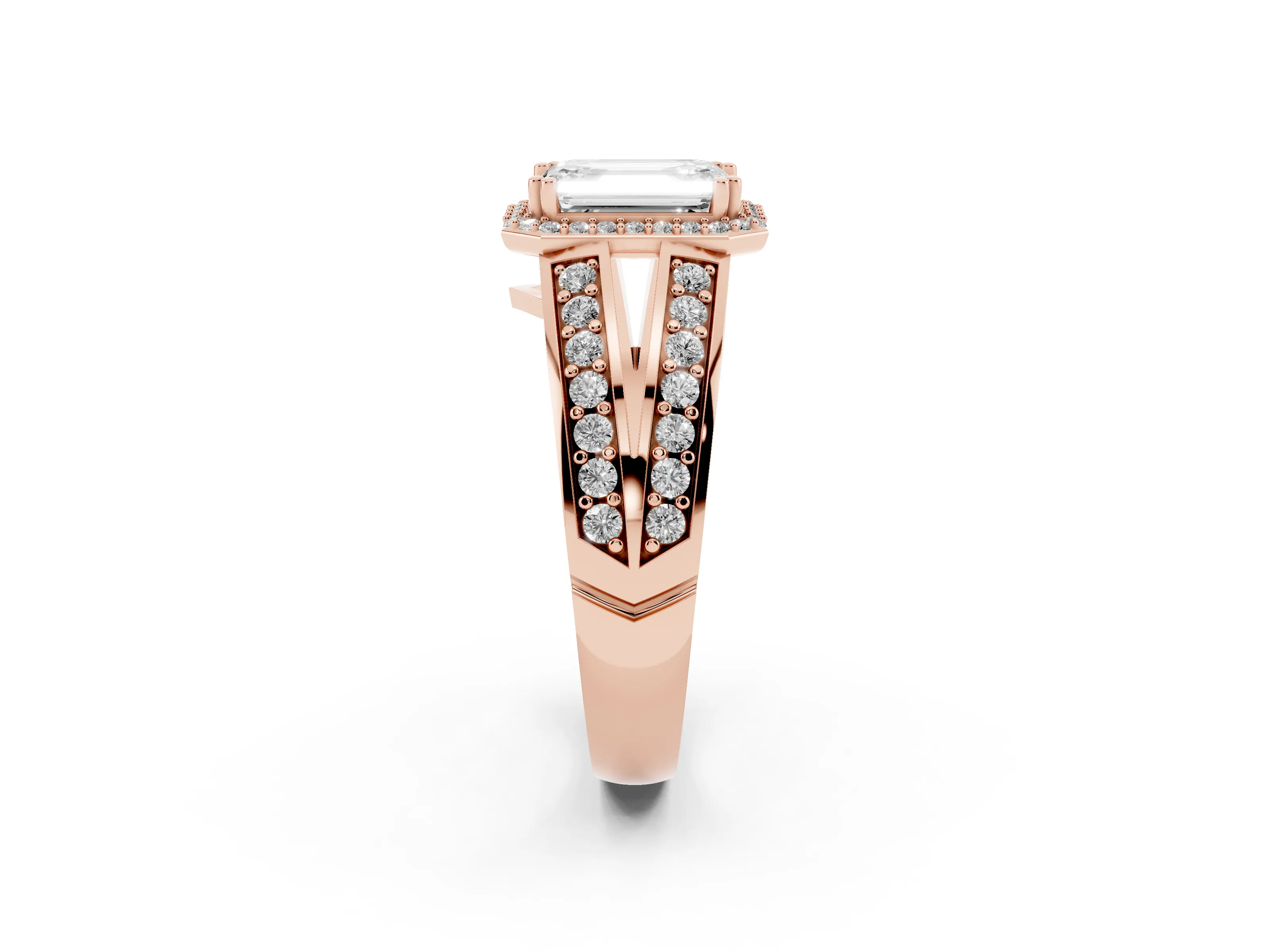 Emerald Cut Diamond Halo Ring Set in Rose gold with Double Pavé Split Shank
