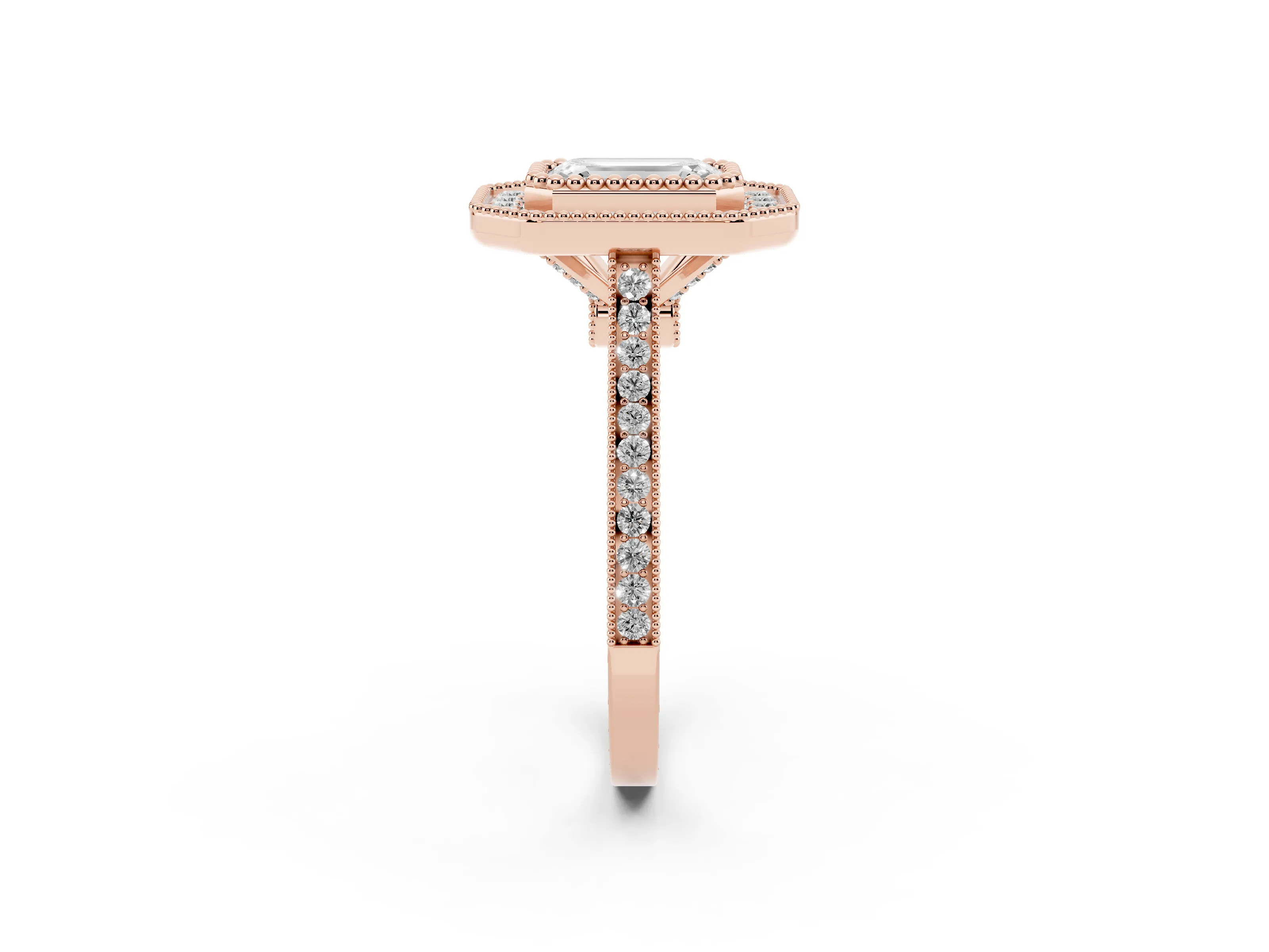 Emerald Cut Diamond Halo Ring Set in Rose gold with Milgrain Frame and Pavé Band