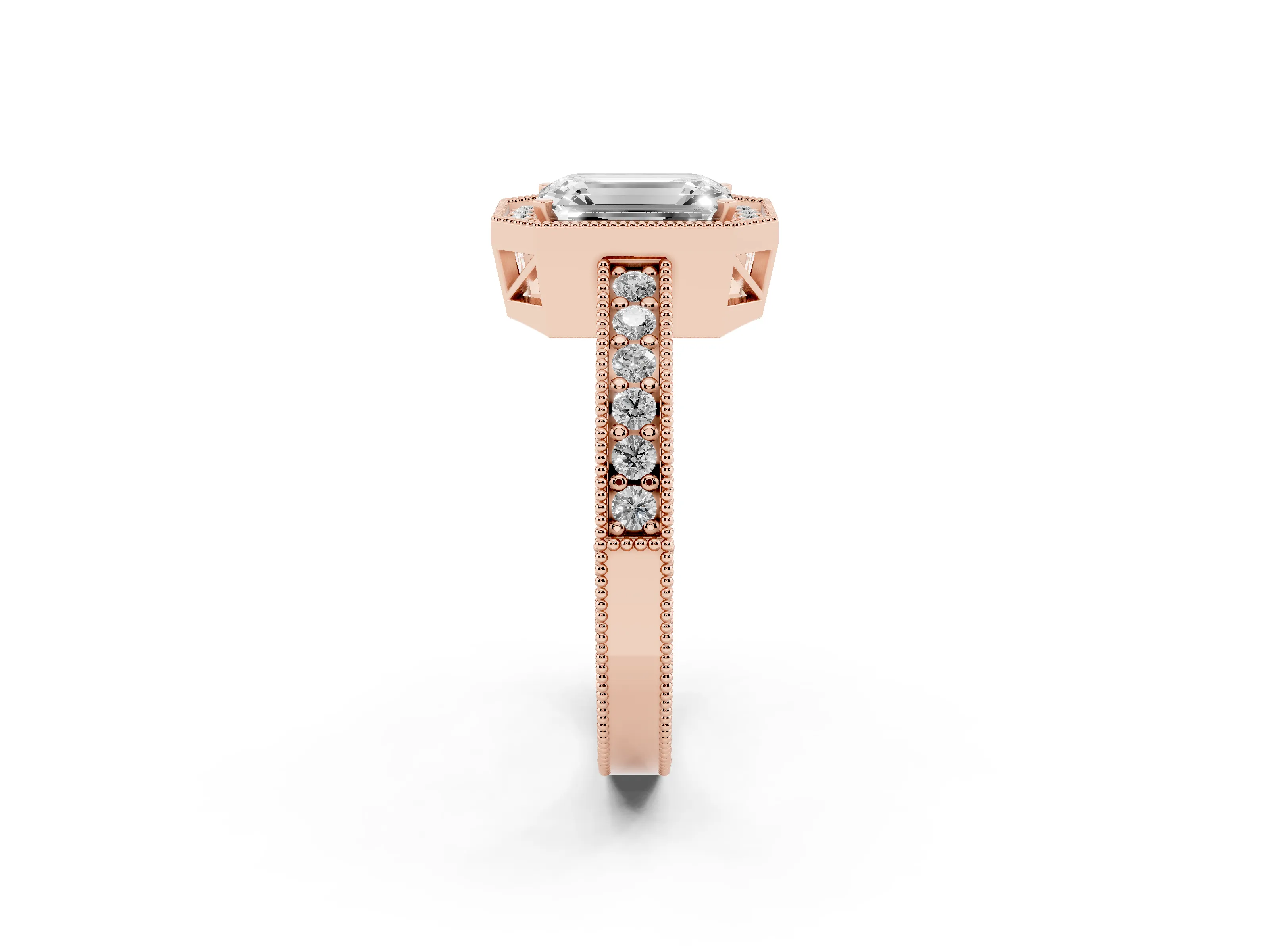 Emerald Cut Diamond Halo Pavé Band Ring Set in Rose gold with Prong-Set Center
