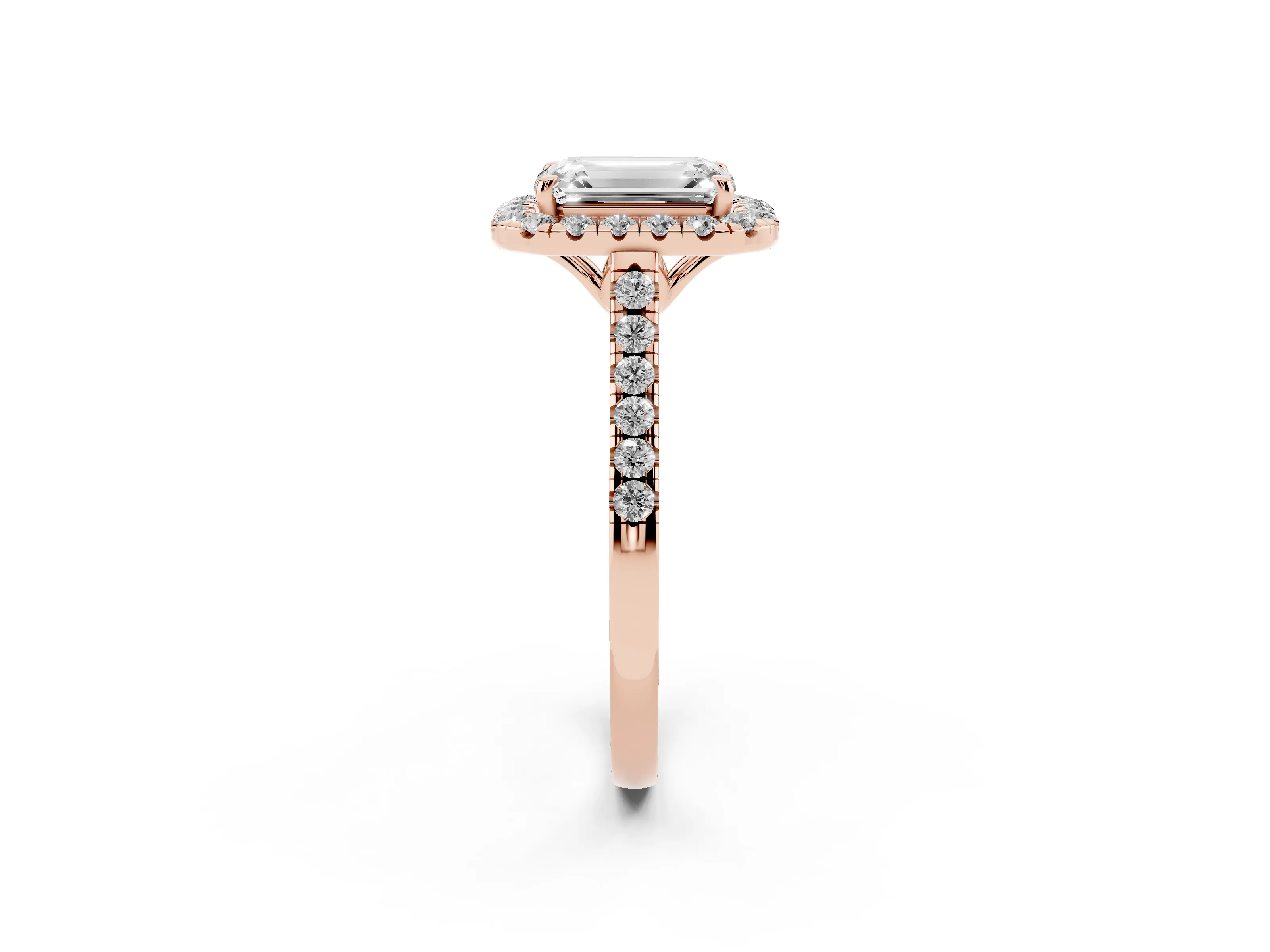 Emerald Cut Diamond Pavé Halo Engagement Ring Set in Rose gold with Pavé Band and Prong Setting