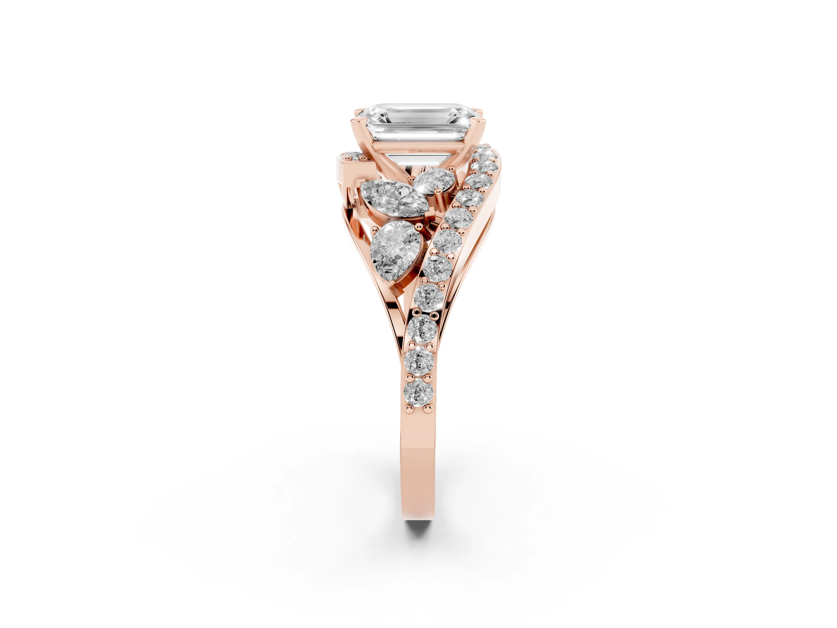 Emerald Cut Diamond Halo Ring Set in Rose gold with Marquise and Pavé Band in Prong Setting