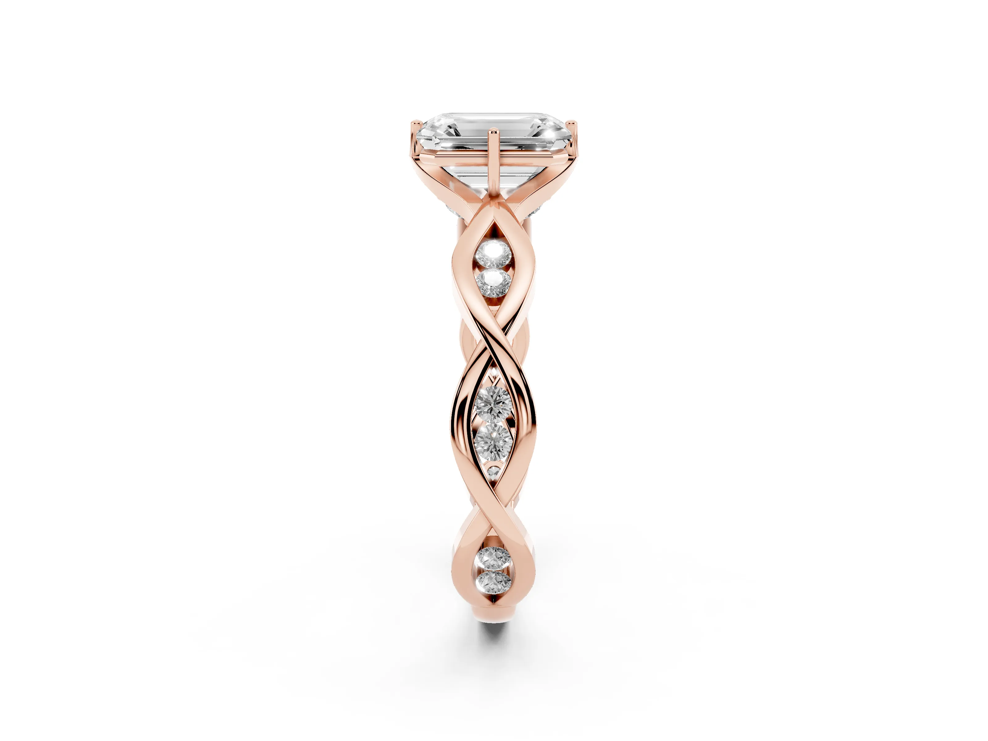 Emerald Cut Diamond Twist Band Solitaire Ring Set in Rose gold with Leaf Prong Setting and Accent Stones