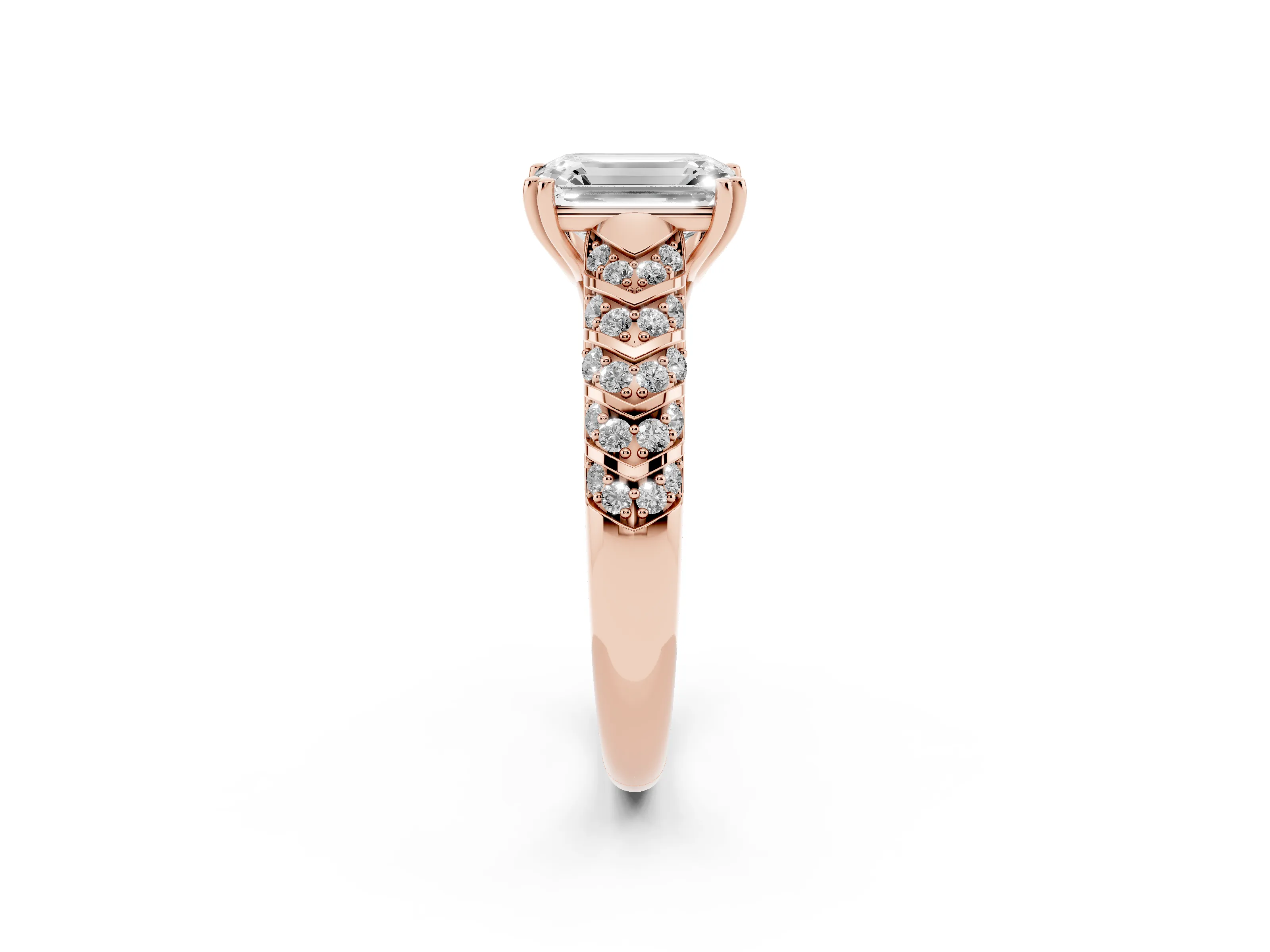 Emerald Cut Diamond Solitaire Chevron Pavé Engagement Ring Set in Rose gold with Prong Setting