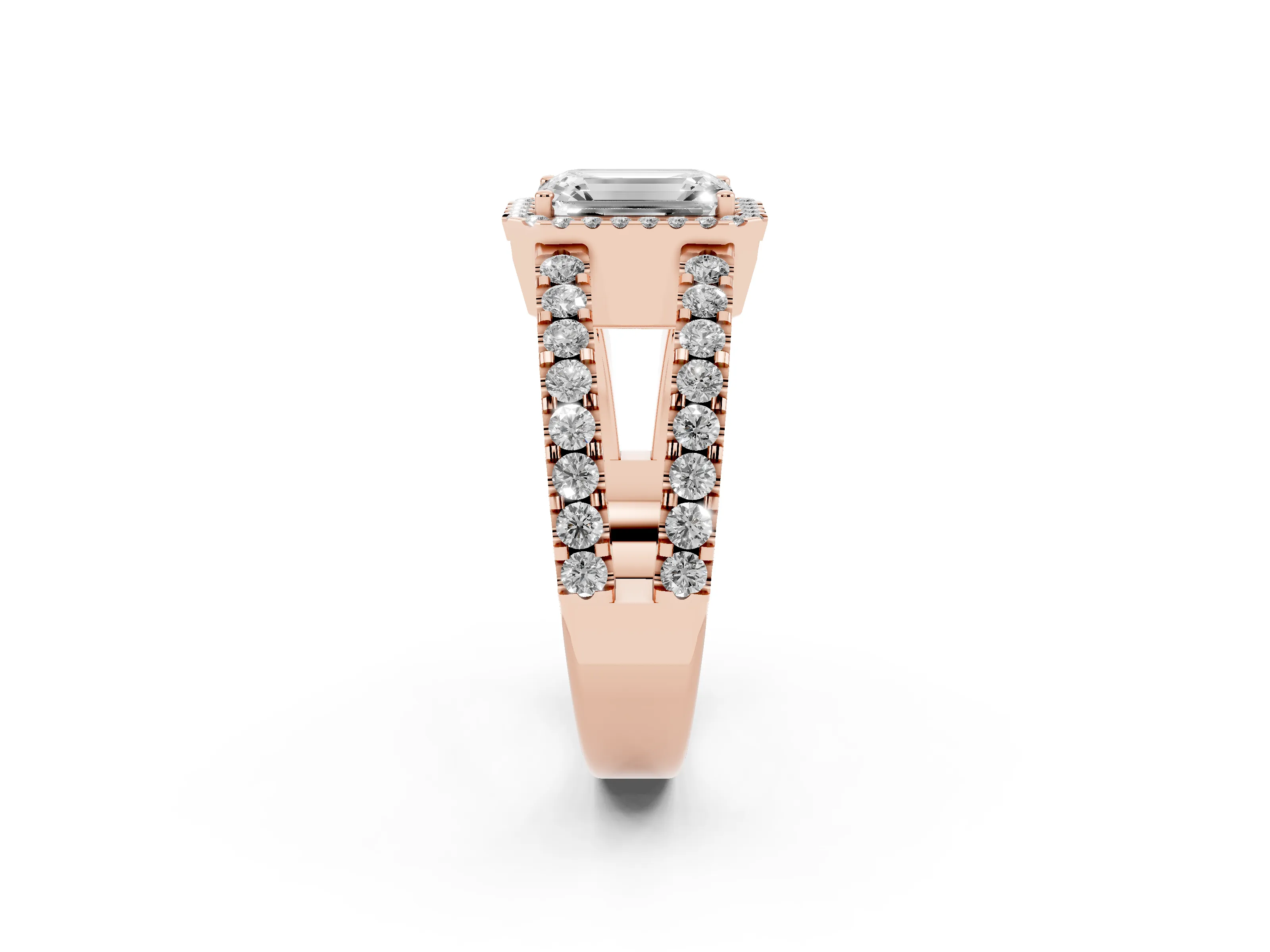 Emerald Cut Diamond Halo Ring Set in Rose gold with Pavé Split Shank and Prong Setting