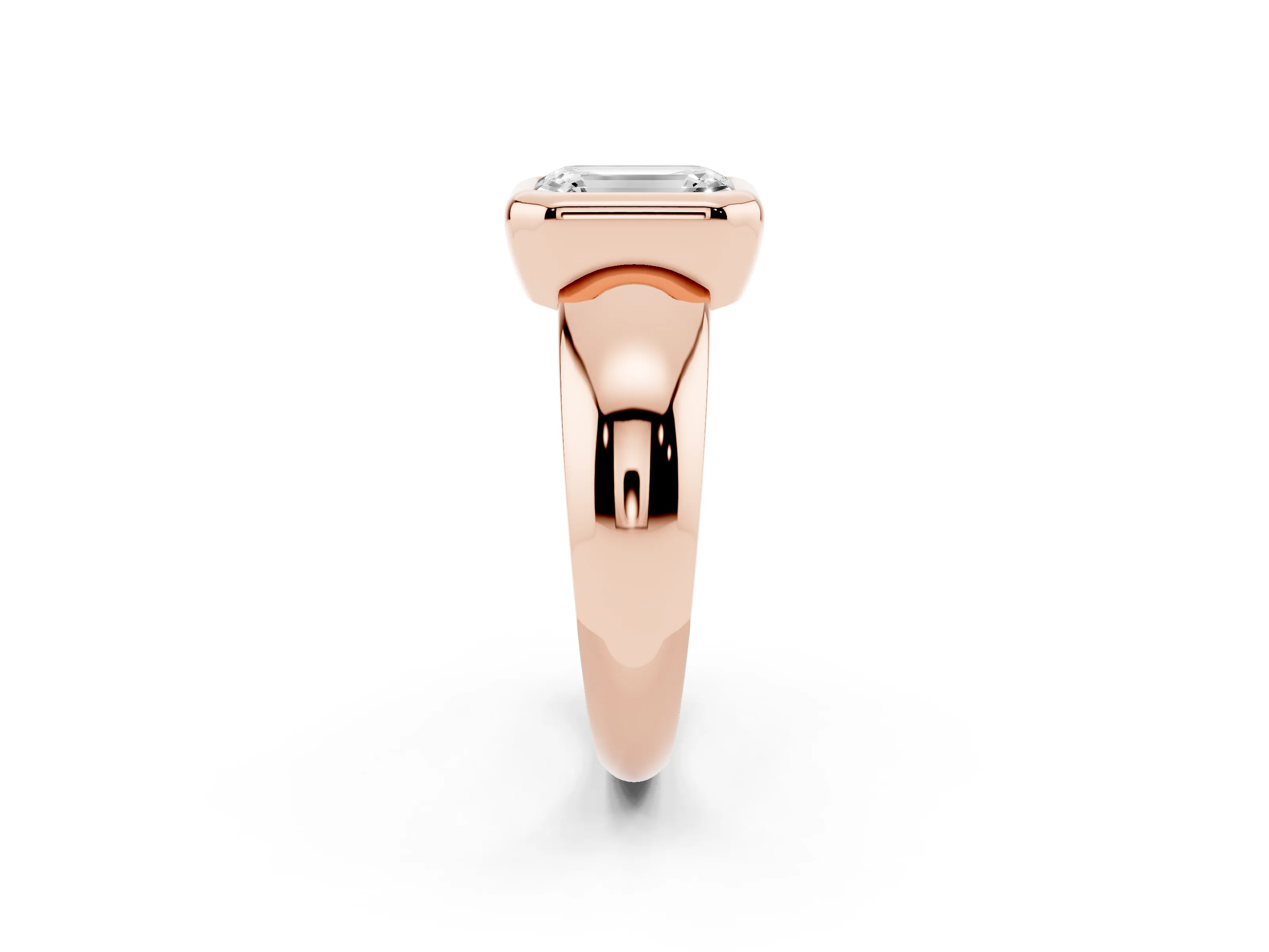 Bezel Set Emerald Cut Diamond Solitaire Ring Set in Rose gold with Wide Band
