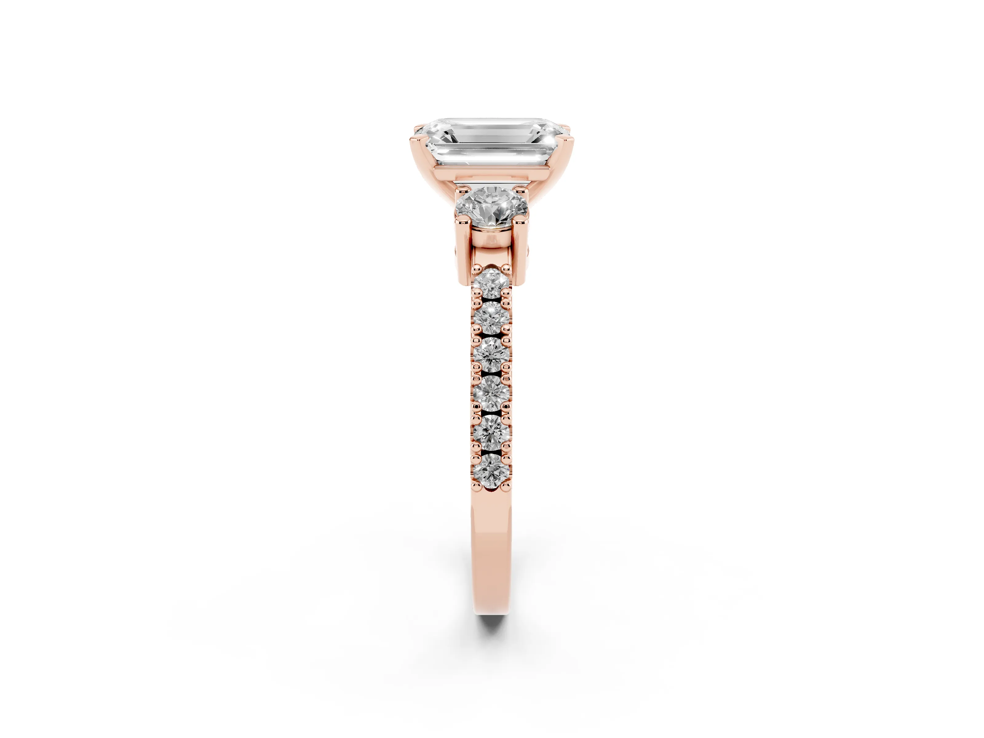 Three-Stone Emerald Cut Diamond Pavé Band Ring Set in Rose gold with Prong Setting