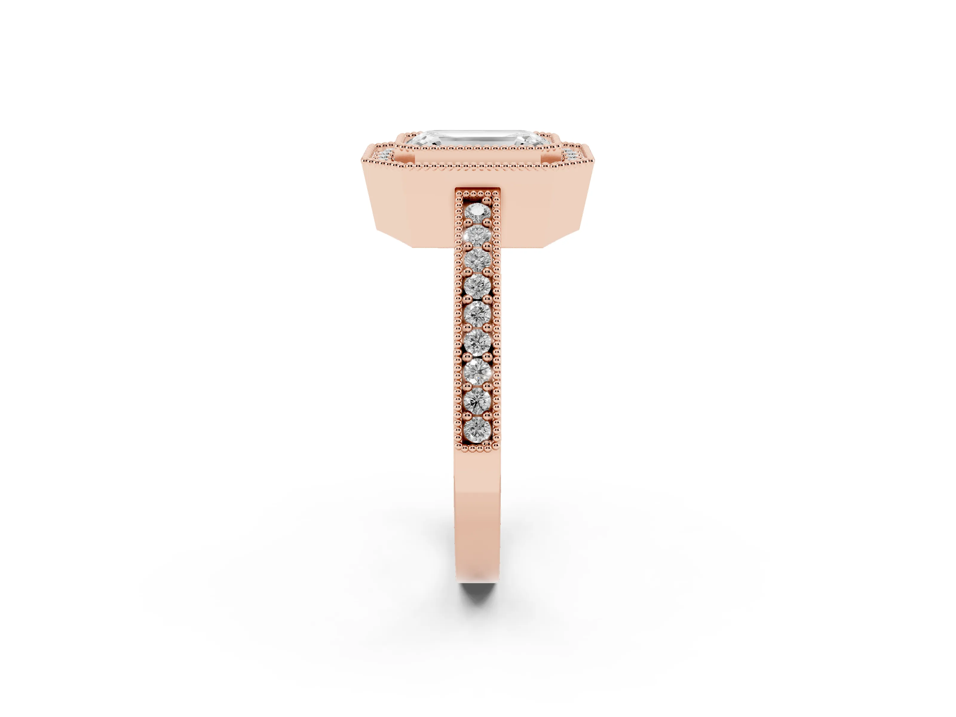 Emerald Cut Diamond Halo Engagement Ring Set in Rose gold with Pavé Band and Round Halo Stones