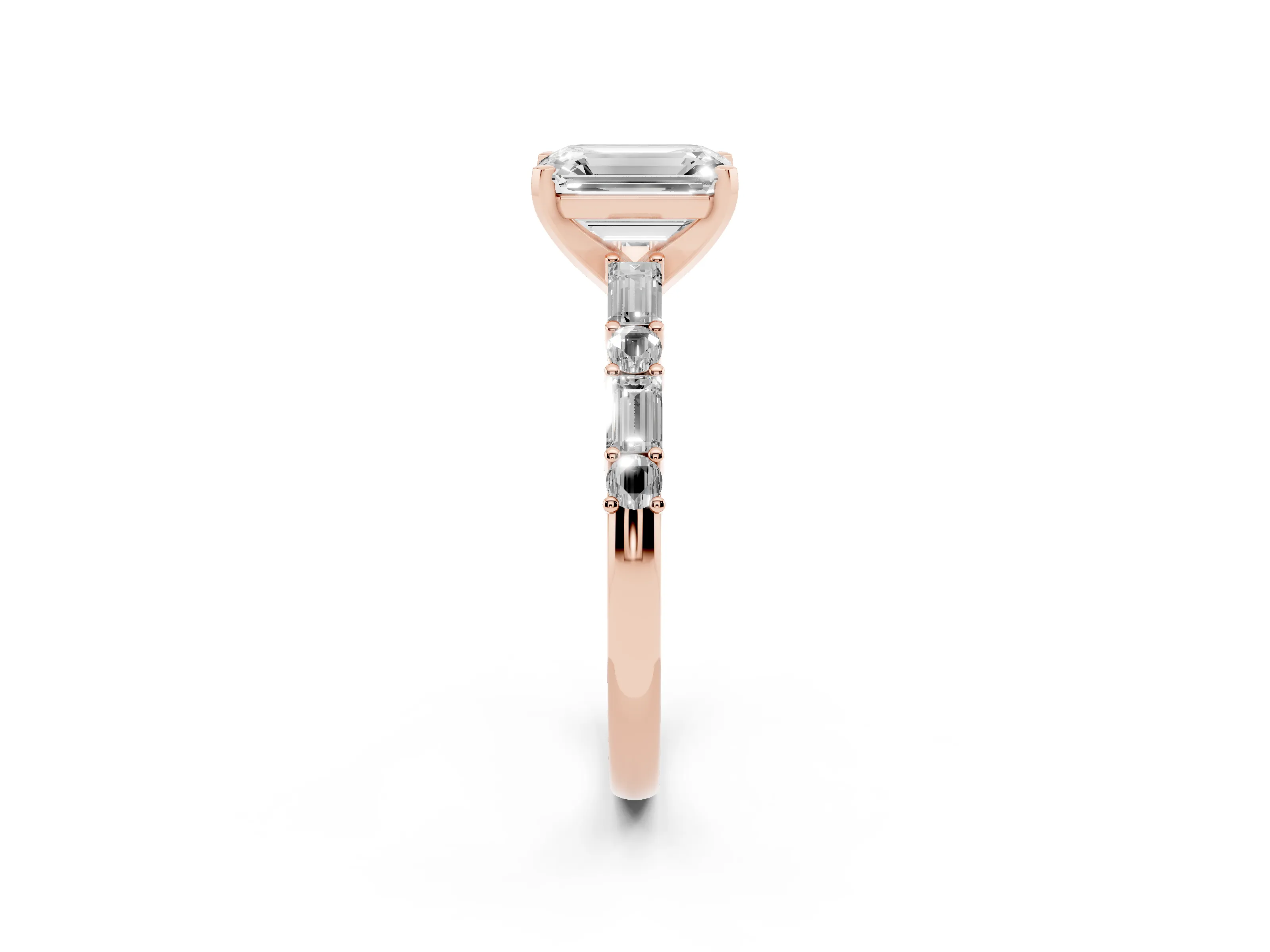 Emerald Cut Diamond Solitaire Set in Rose gold with Side Baguettes and Channel Set Band