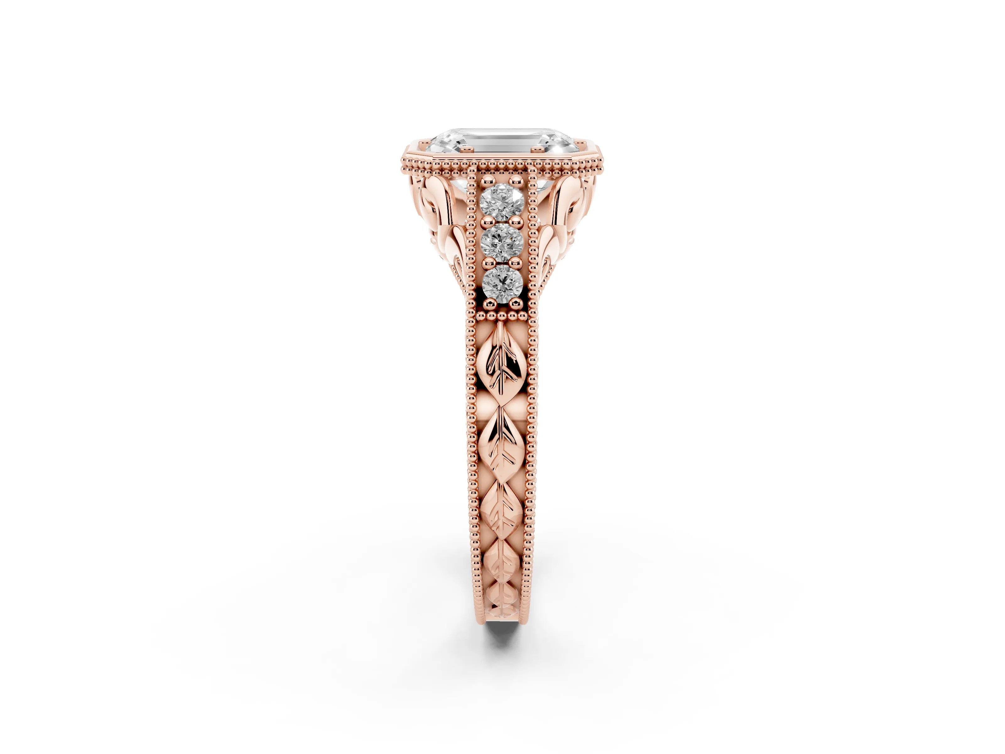 Bezel Set Emerald Cut Diamond Milgrain Pavé Engagement Ring Set in Rose gold