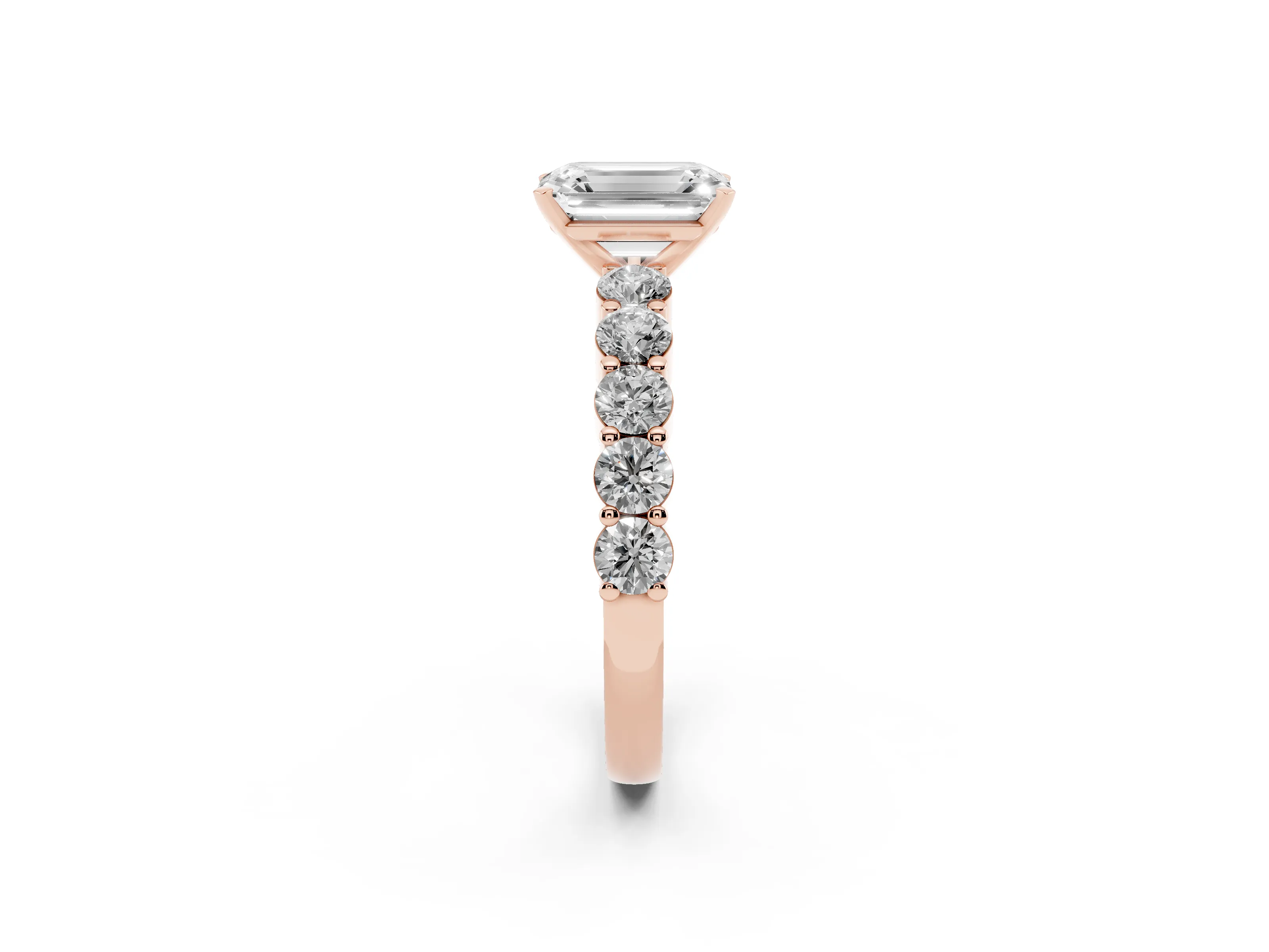 Emerald Cut Diamond Solitaire Ring Set in Rose gold with Shared Prong Round Side Stones